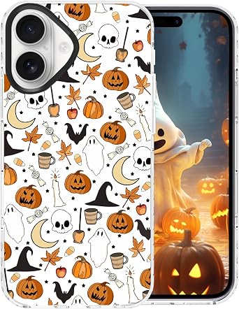 Halloween Case Compatible for iPhone 16 Plus with Cute Skull Bat Pumpkin Ghost Pattern Designed Clear Soft TPU + Black Camera Frame Protection Anti-Scratch Anti-Slip Phone Cover 2024 6.7 inch