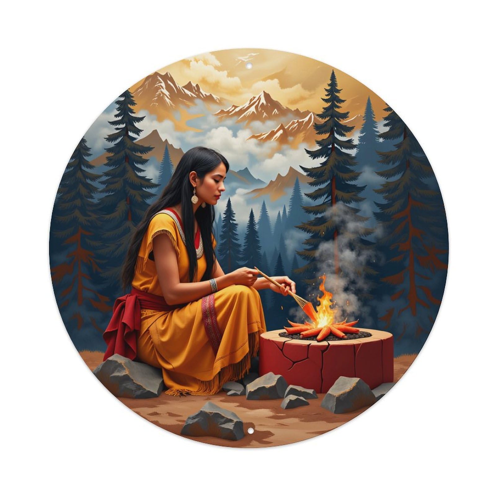 Native Woman Fire Camp Mountain Forest Round Tin Sign Vintage Metal Poster, Home Bar Garage Man Cave Cafe Indoor & Outdoor Wall Decoration 8x8Inches