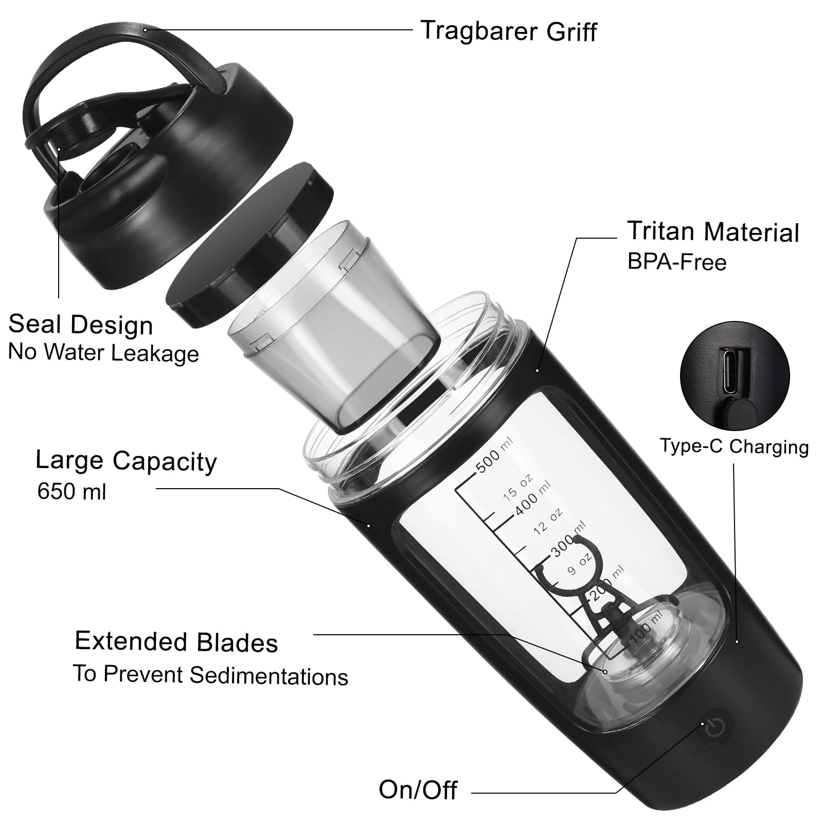 Mezclador de Proteinas Eléctrica, Botella Mezcladora Recargable por USB, 650ML Vaso Shaker Portable, Mezcladora automática de proteínas con Caja de Polvos, coctelera para cremoso, Proteínas (Negro)
