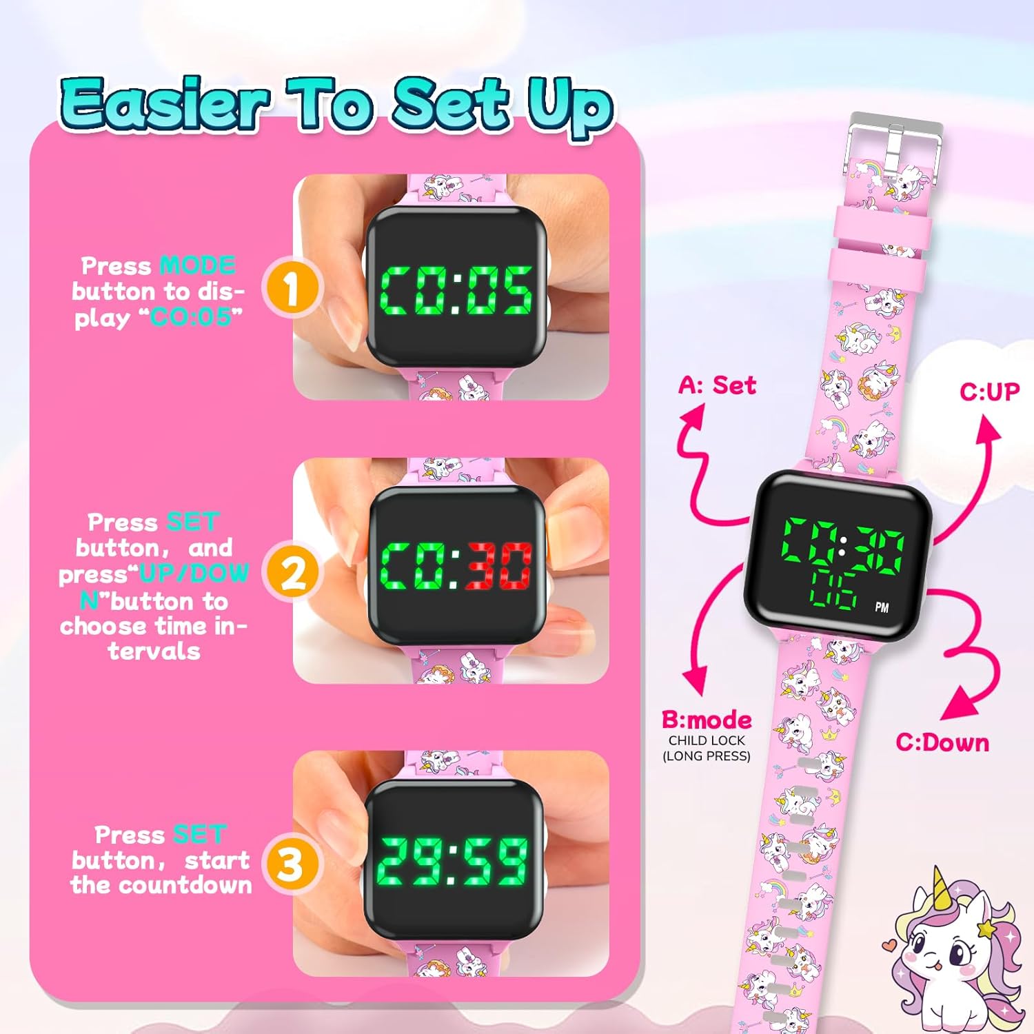 Potty Training Watch & Chart & Book for Kids: Upgrade 3 in 1 Toddler Potty Training Kit Rechargeable Toilet Reminder Unicorn Potty Training Chart with Reward Stickers for Toddler Girls (Pink)