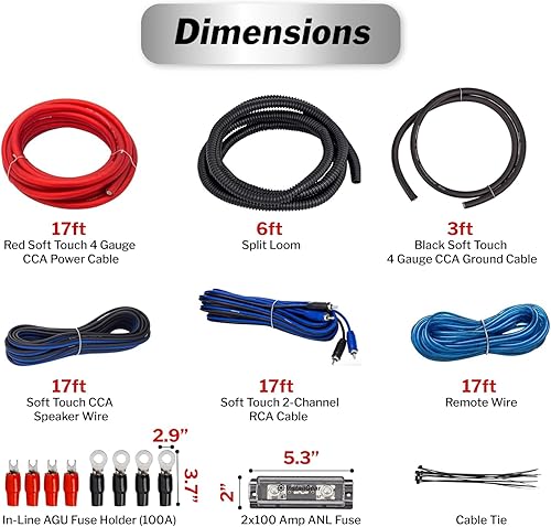 Miniatura 3 de Kit de cableado de amplificador de 4 calibre por InstallGear - Kit completo de cableado de subwoofer con cables de alimentación, tierra y RCA -