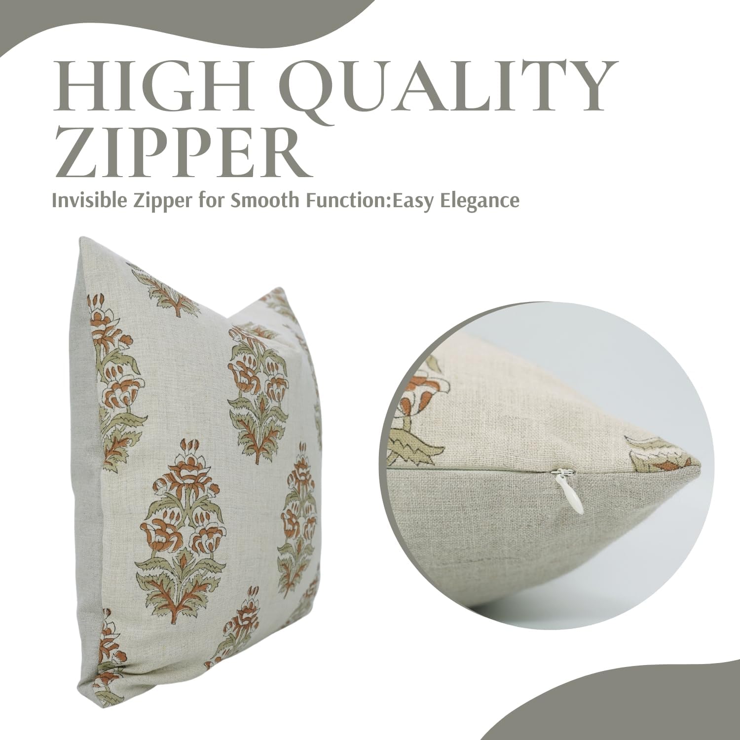 Linen Blend Fabric Vintage Handmade Rust Floral Block Print Soft Plush 16x16 Square Throw Pillow Cover Decorative for Home, Farmhouse, Sofa & Couch, Hibiscus