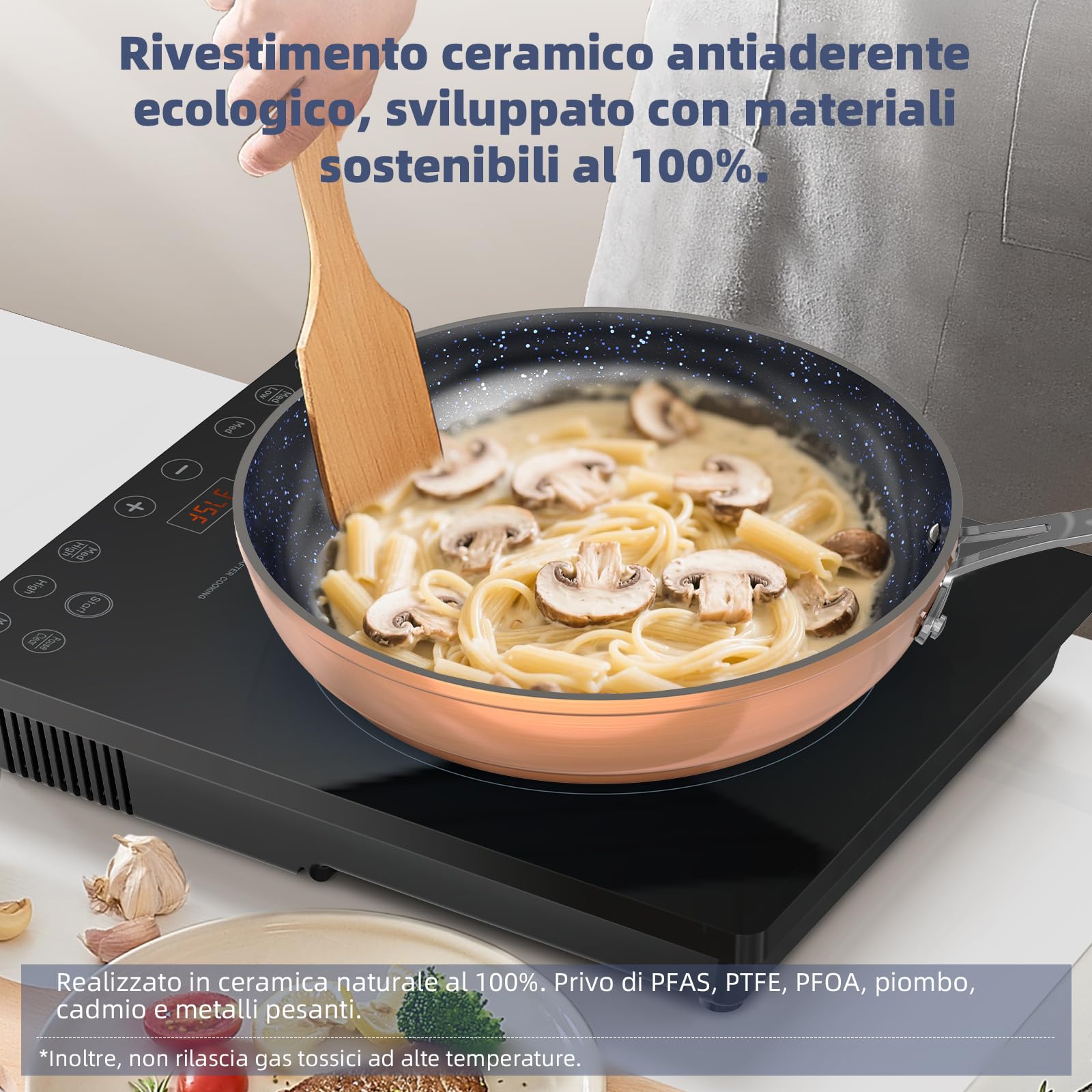 Nuwave Induzione Pronto Pentole Set 12 Pezzi in Ceramica G10 Duralon Blue in Rame Rustico, Coperchi in Vetro, Rivestimento Antiaderente, Adatto per Forno e Induzione, senza PFAS