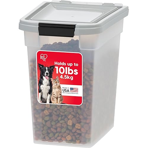 IRIS USA Airtight Dog Food Storage Container, WeatherPro, Up to 10 lbs, for Dog Cat Bird and Other Pet Food Storage Bin, Keep Fresh, Translucent Body, Made in USA, Clear/Gray