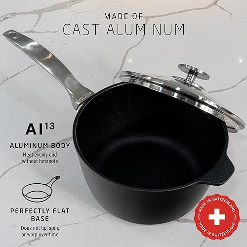 Miniatura 6 de Swiss Diamond Cacerola de aluminio antiadherente HD de 8 pulgadas 32 cuartos de galón con revestimiento de diamante incluye tapa sin PFOA cacerola
