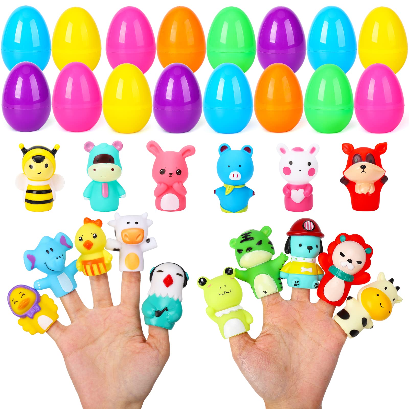 Easter Eggs with Animal Finger Puppets for Easter Eggs Hunt, Easter Basket Stuffers, Party Favors, Classroom Prize Supplies 16pcs
