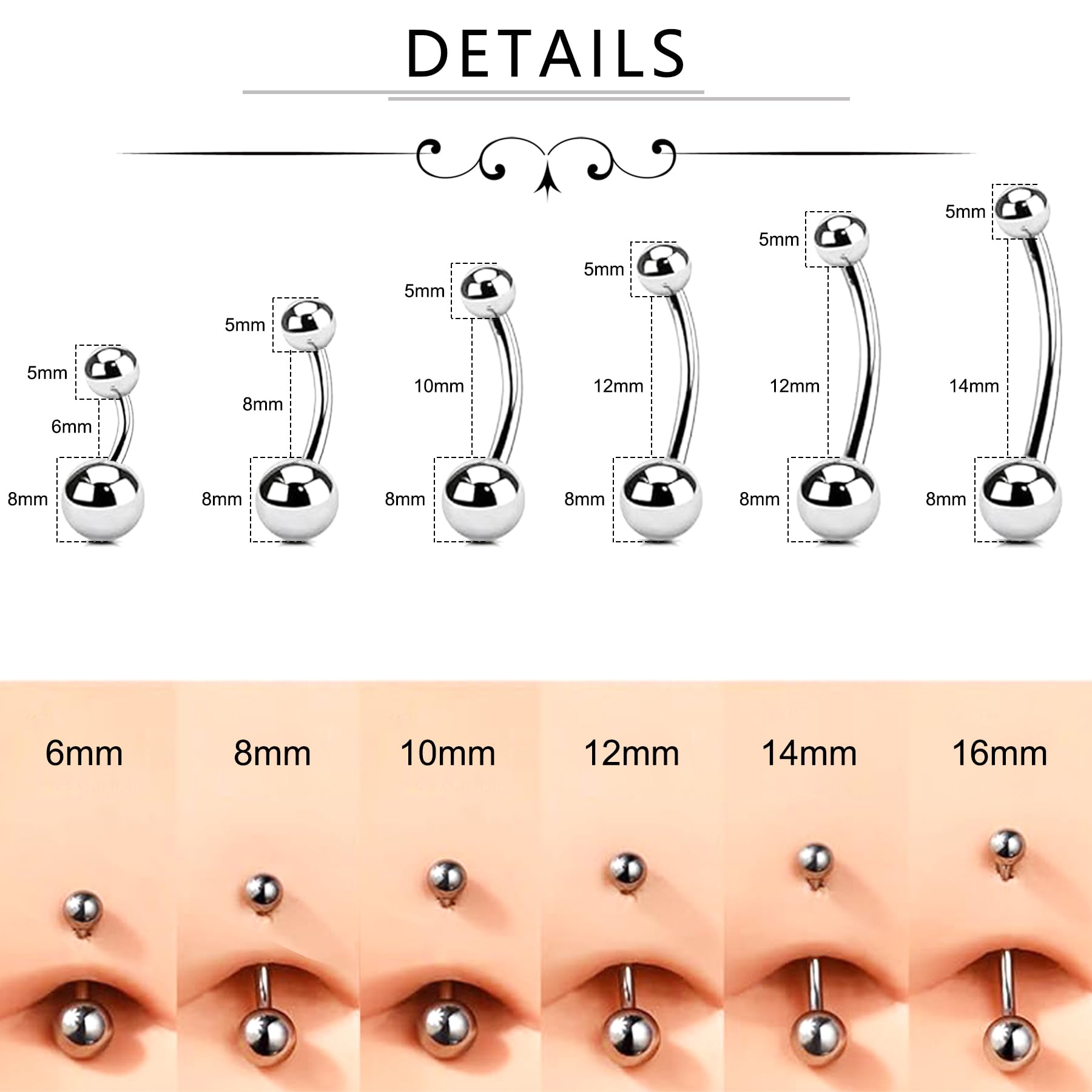 AceFun Kolczyk do pępka sztangi tytanowe srebro złoto 6 mm 8 mm 10 mm 12 mm 14 mm 16 mm 14 G pręt do brzucha solidny G23 gładkie podwójne kulki pępek pręt CZ pierścień sztanga piercing biżuteria 1