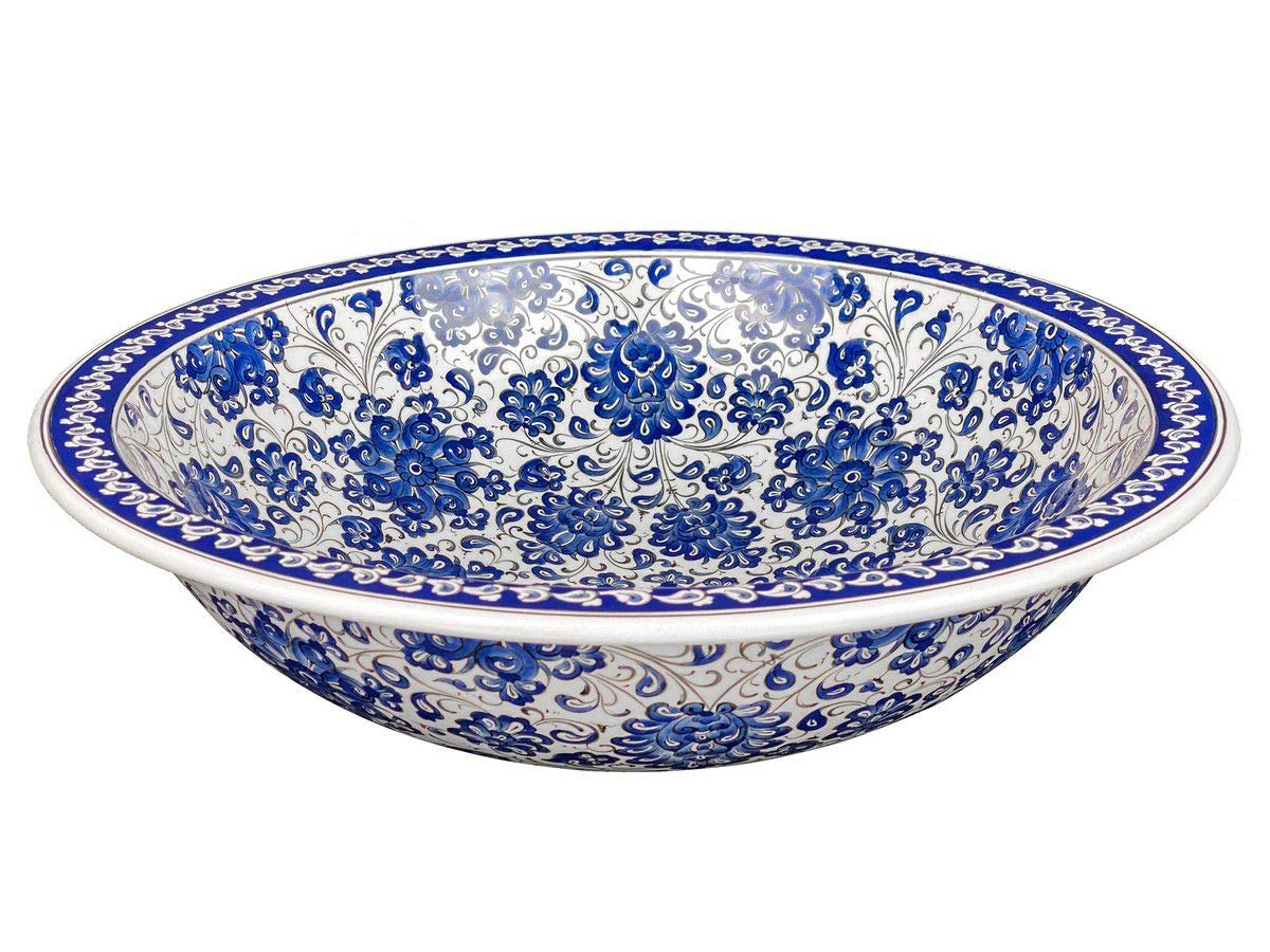 Cerames Lavabo de cerámica Iznik Cevza - Lavabo turco moderno de cerámica para cuarto de baño, aseo, aseo de invitados, restaurante y hotel | Lavamanos sobre encimera y empotrado redondo 48 x 13 cm