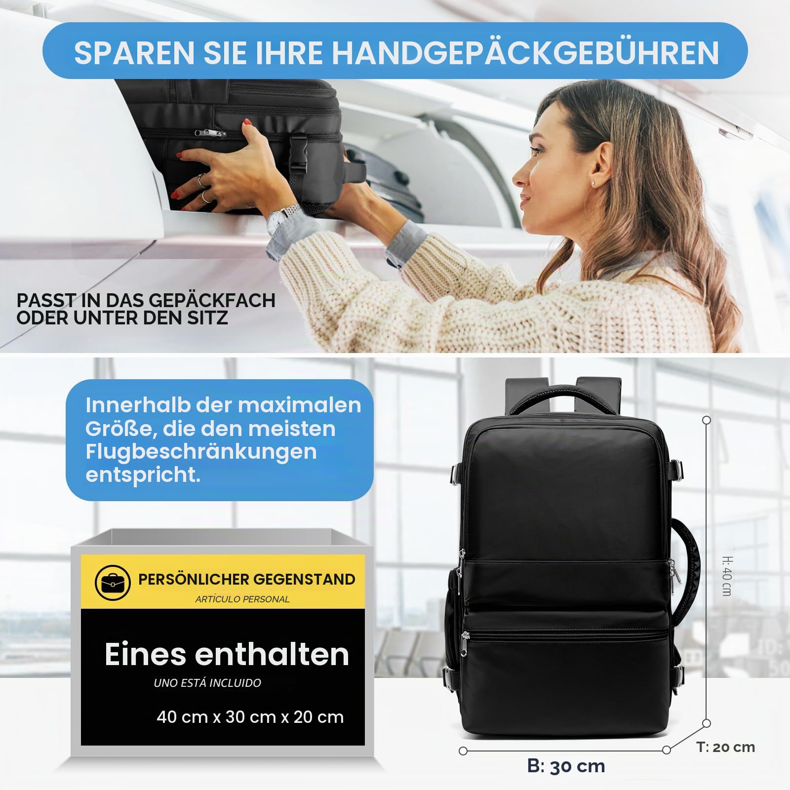 Handgepäck Rucksack Damen Travel Backpack 40x20x25 für Ryanair Reiserucksack Daypacks Mädchen Rucksack Wasserdicht Business Rucksack Damen Weekendertasche Schwarz
