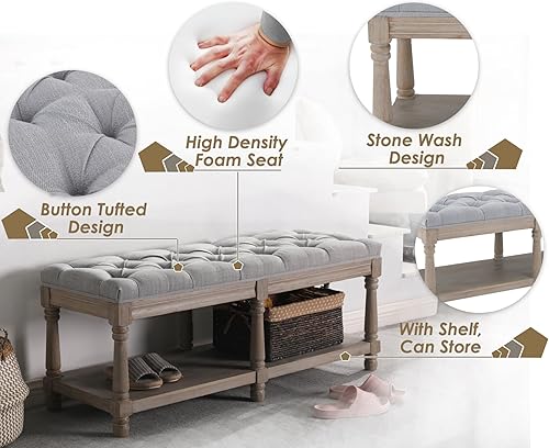 Miniatura 25 de Banco de almacenamiento de madera para entrada, banco otomano tapizado de lino con botones con patas negras para dormitorio, extremo de la cama, 45