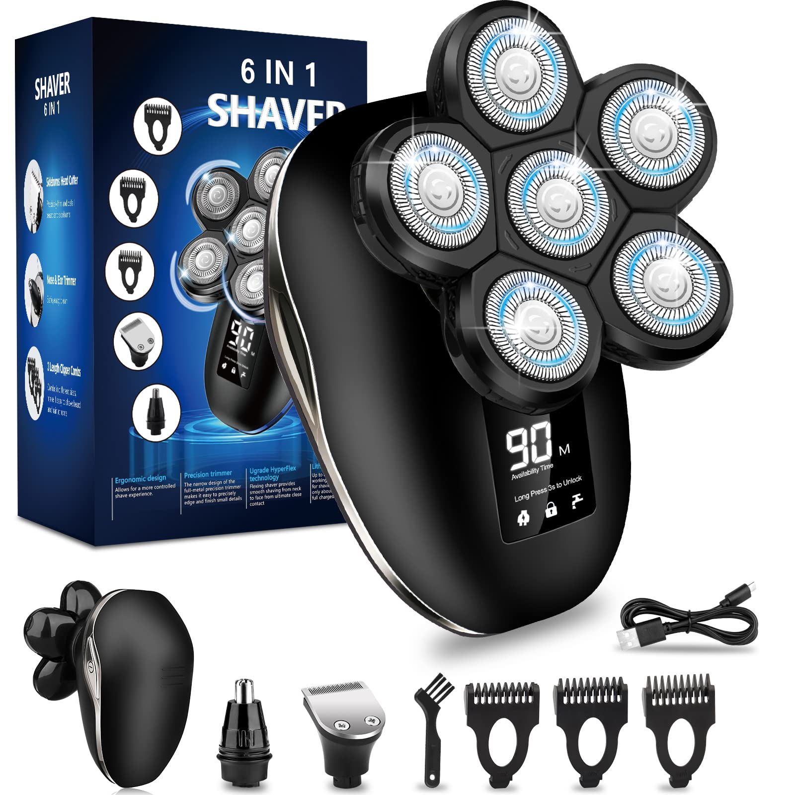 Electric Shaver for Men, 6 in 1 Electric Razor for Men, IPX7 Wet/Dry Waterproof Men's Shavers Rotary Head with Shavers Kit LED Display, Gifts for Husband, Dad,Boyfriend (Silver)