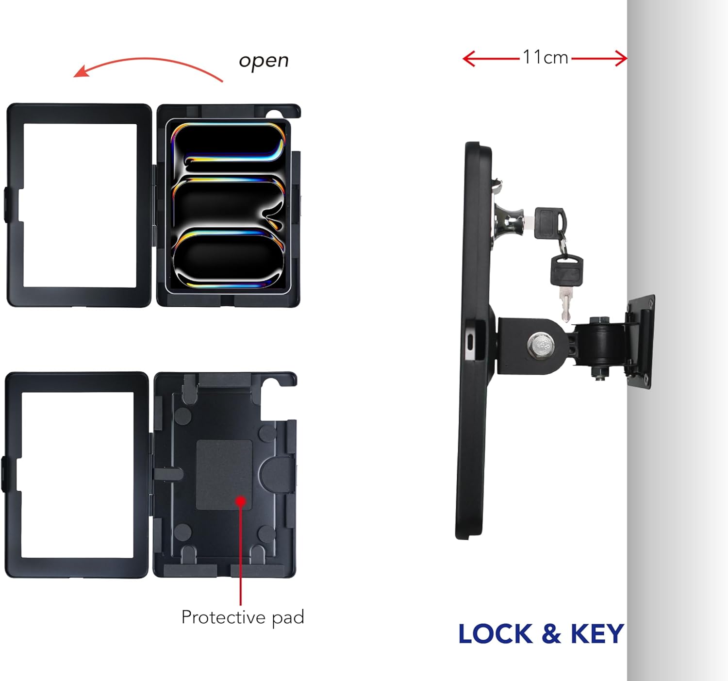 for 11 Inch iPad Pro 2024 M4 (5th Gen), On Wall Mount Bracket Excluding Other 11" iPad,with Lock &Key, Multi Angle Design,Metal,(Black)