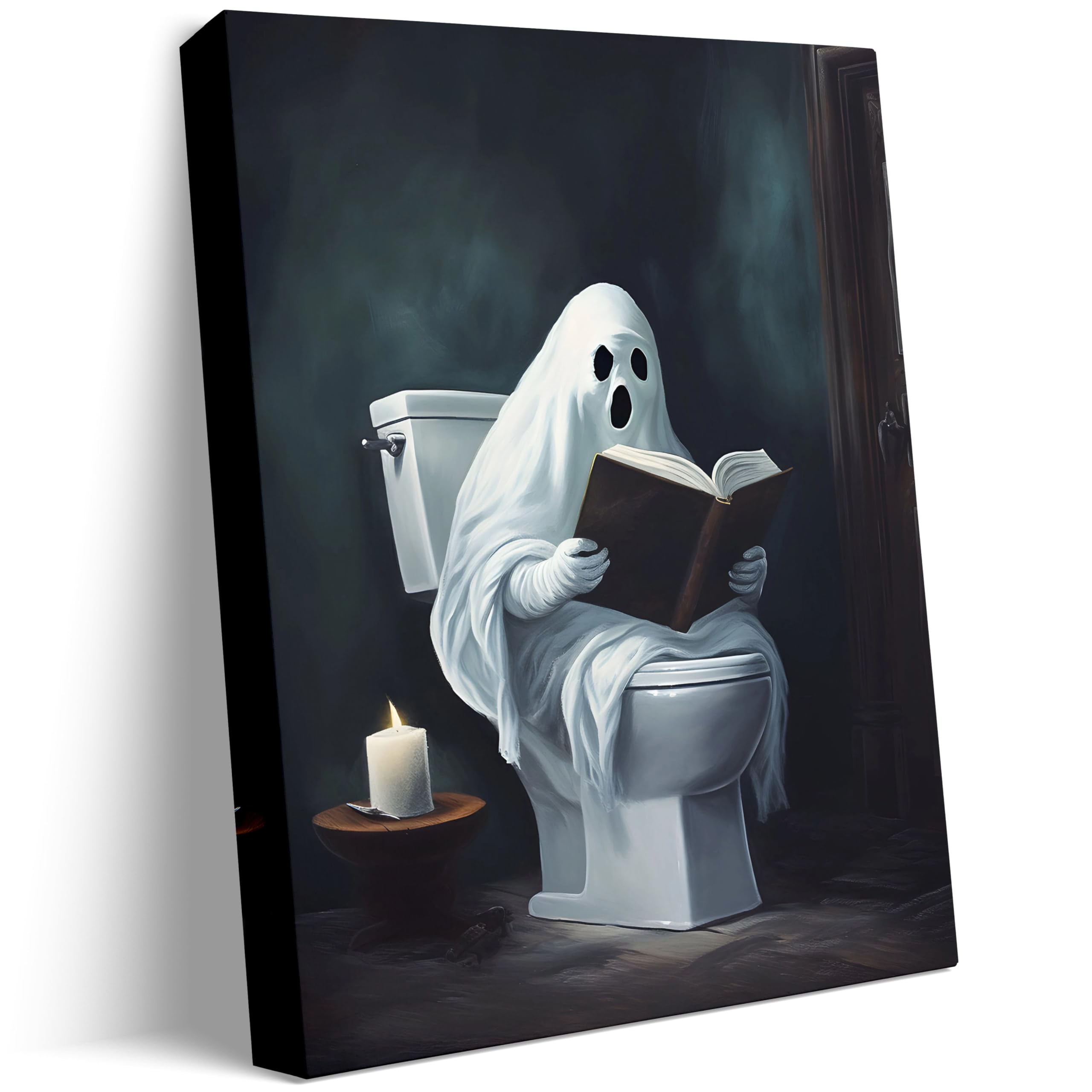 GUN SUPPLIES OUTLET LLC Halloween Canvas Art Ghost Reading Book on Toilet Picture Funny Spooky Gothic Bathroom Decor for Ghost Lovers 16x20 inch