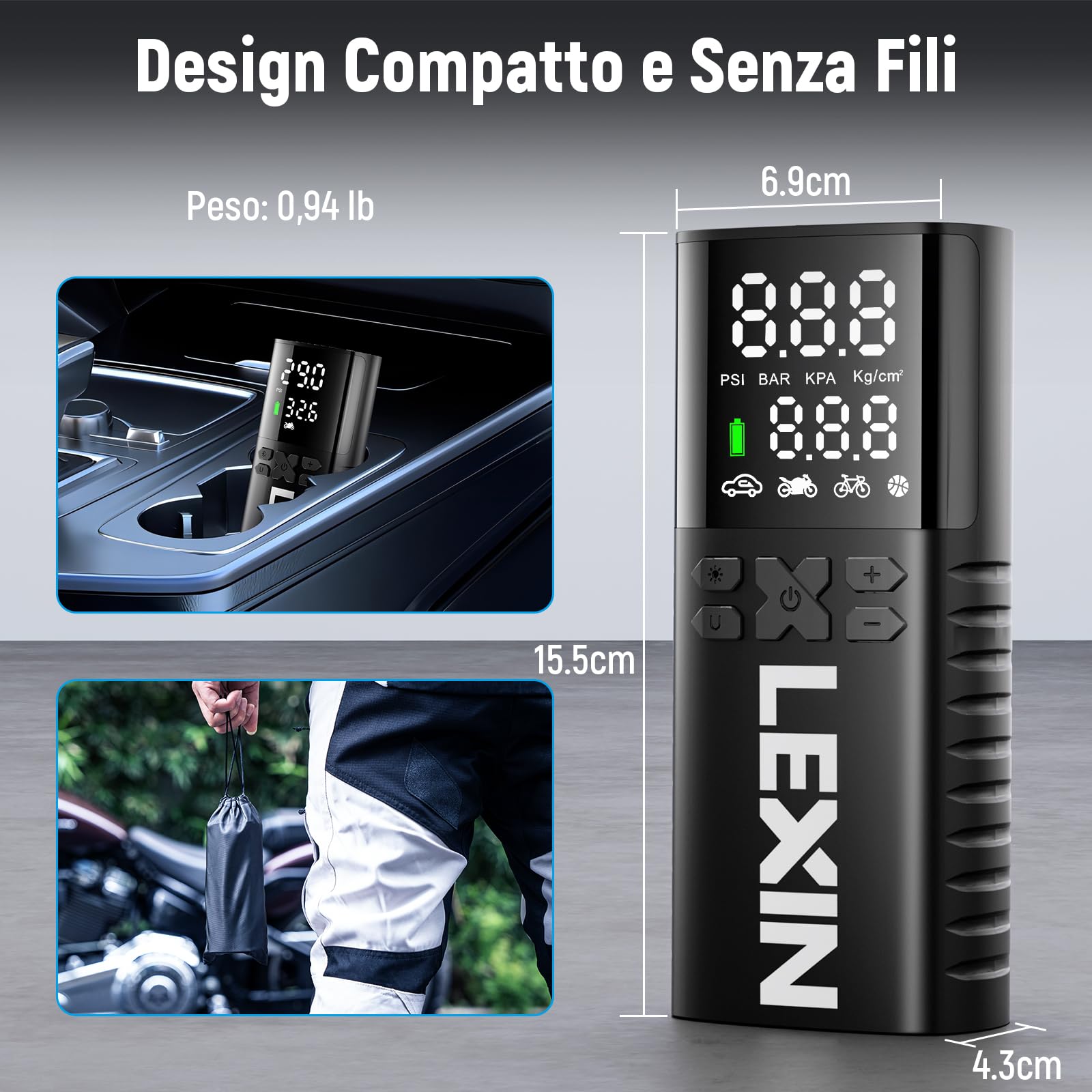 LEXIN 4000mAh Compressore Aria Portatile Auto P4, 150PSI Gonfiatore Elettrico, 4 Modalità Mini Electric Compressor Air con Schermo LCD & Luce LED, Pompa Elettrica per Auto/Moto/Monopattino/Palloni