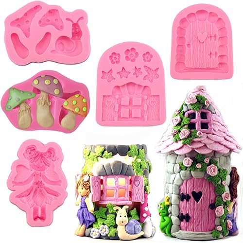 Miniatura 1 de Fondant Molds 5 Pieces Handmade DIY Fairy Tale Wooden Door Wooden House Girl Snail Stone Wall Castle Shape Sugar Flipping Silicone Mold Clay Tools