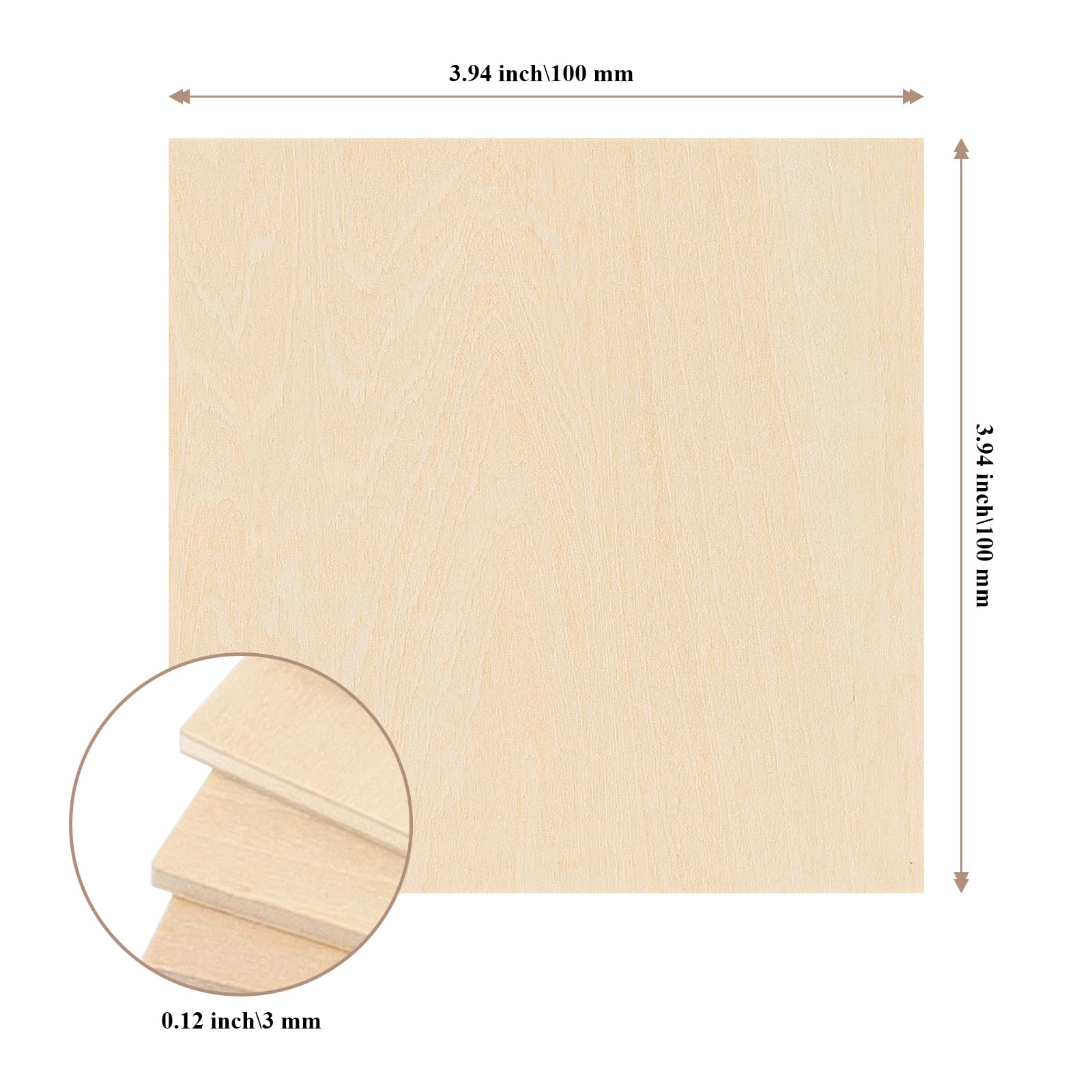 Lot de 100 feuilles carrées en tilleul de 3 mm, en contreplaqué brut, 100 x 100 mm
