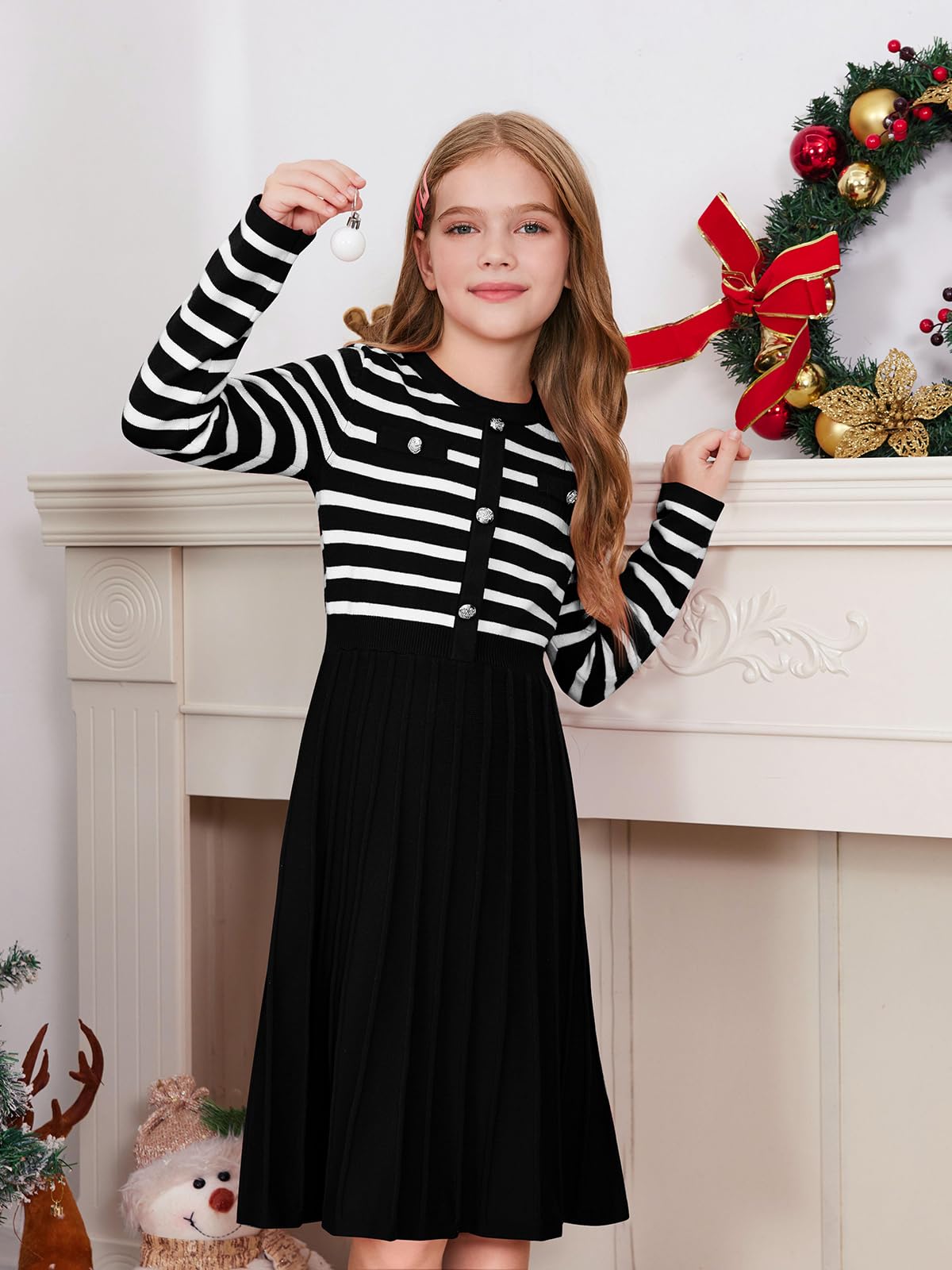 Haloumoning Vestido tipo suéter de punto para niñas, de manga larga, a rayas, plisado, para otoño e invierno, 5-14 años