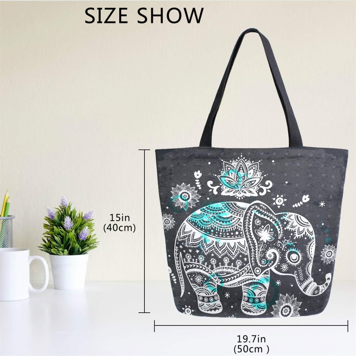 Naanle Animal Elephant Canvas Tote Bag Large Women Casual Shoulder Bag Handbag, Floral Elephant Reusable Multipurpose Heavy Duty Shopping Grocery Cotton Bag for Outdoors. - Image 7