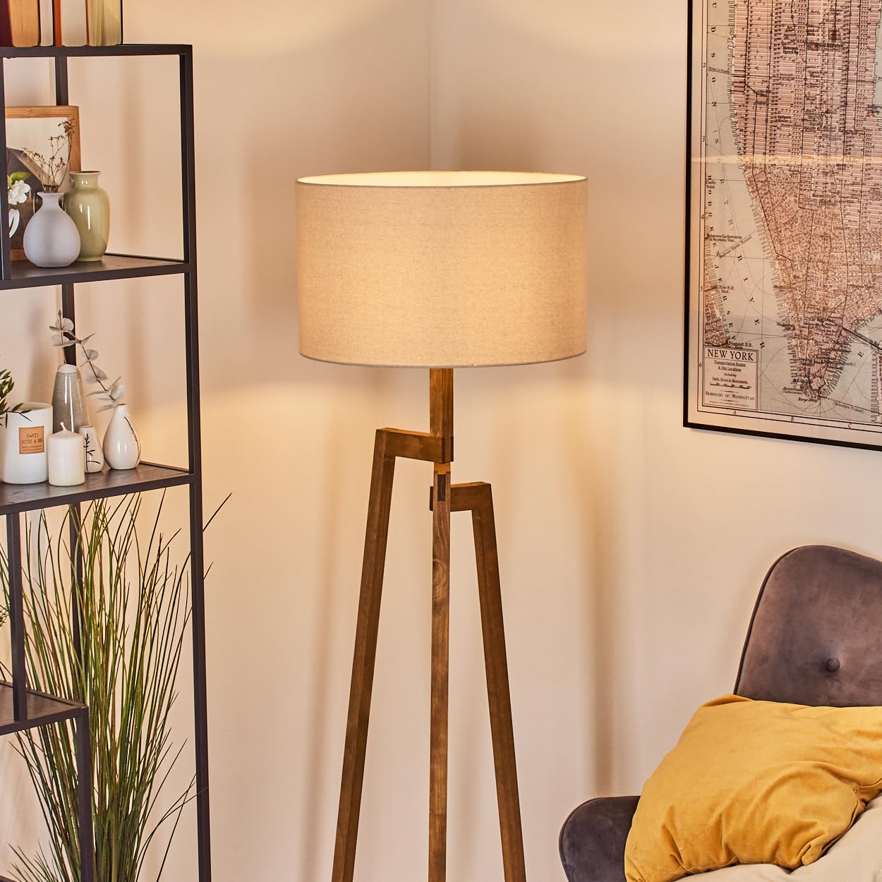 HOFSTEIN Stehleuchte Flemming, Stehlampe aus Holz im modernen Boho-Design, Schirm aus Stoff, Ø 50 cm, 162,5 cm, E27, mit Fußschalter - Wohnzimmer, Schlafzimmer, Esszimmer, Flur