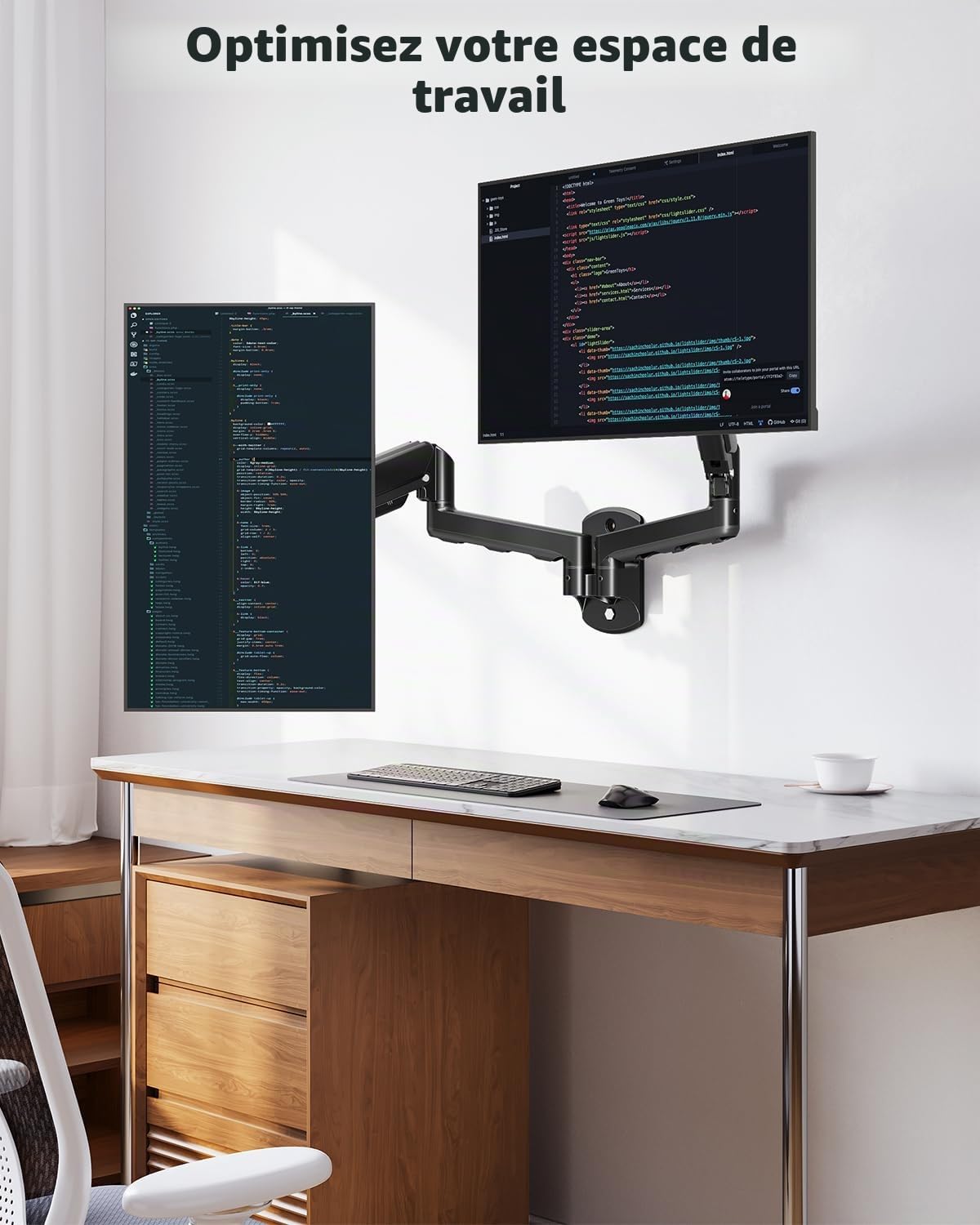 ELIVED EV6022 Support mural double écran pour écrans max. 32" jusqu'à 9 kg VESA 75/100 mm avec vérin à gaz rotatif à 360°