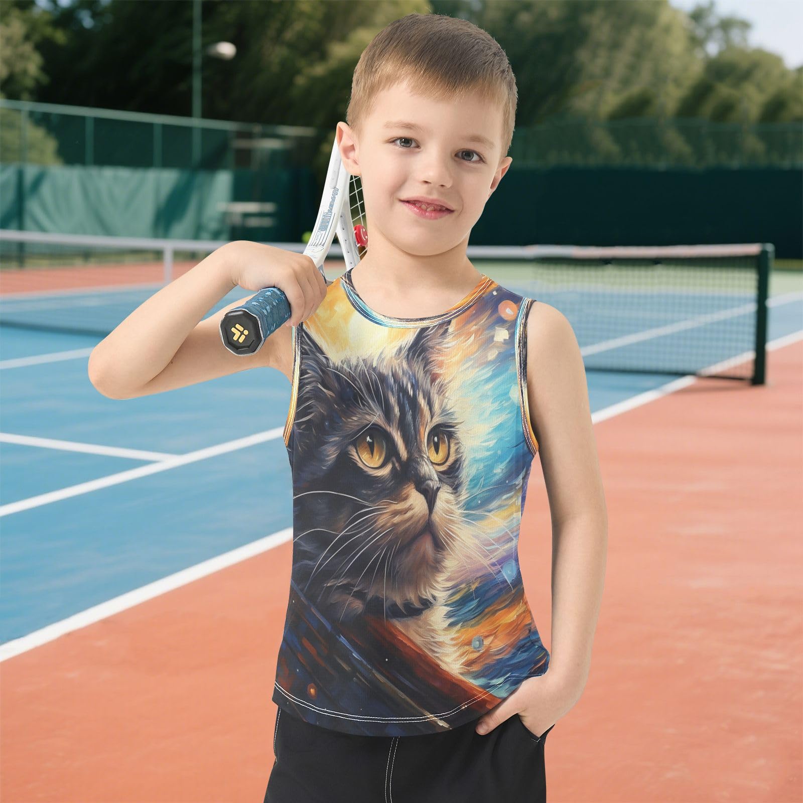 Acuarela Arte Fresco Gato Camisetas Sin Mangas Tipo Tank Top para Niños Jóvenes Ideales para Actividades Deportivas