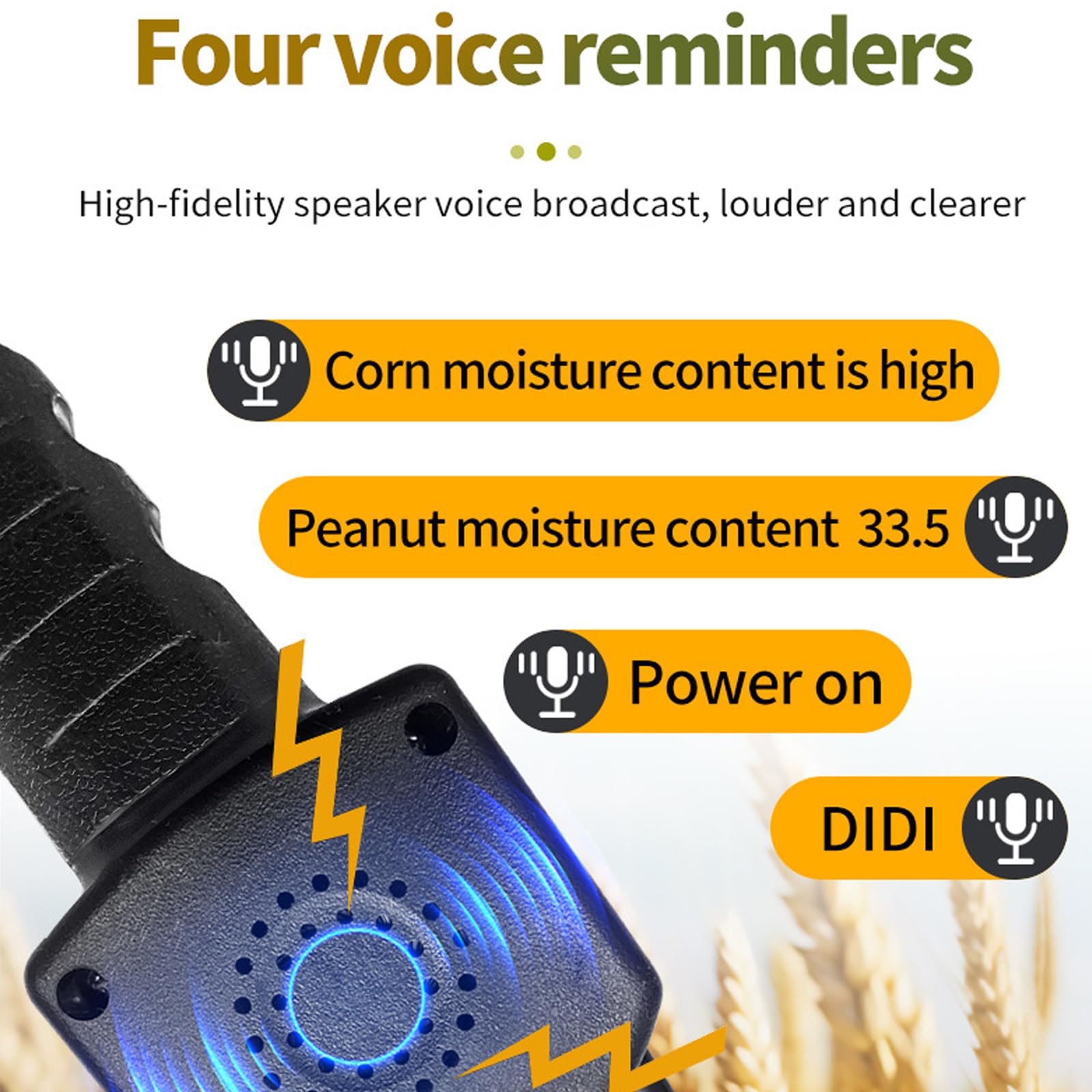 Misuratore di umidità del grano, doppia sonda ad alta precisione con retroilluminazione LCD, promemoria vocali, deviazione correggibile per misurare riso, fagioli, arachidi, soia, 14 grani