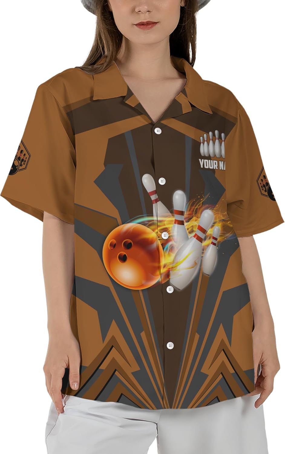 Custom Bowling Hawaii Print Button-Down Shirt with Orange Bowling Ball Flame and Geometric Pattern Graphic On it for Bowler