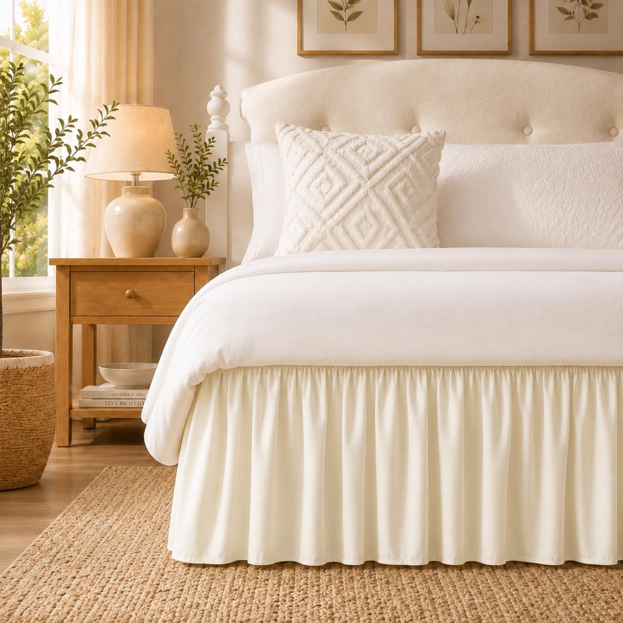 RIMELA Bed Skirts Full Size Cream Dust Ruffle 15 Inch Drop, Wrap Around Elastic Adjustable Bedskirt, Bed Skirt for Adjustable Bed Base, Soft Durable Fabric Machine Washable Easy to Install