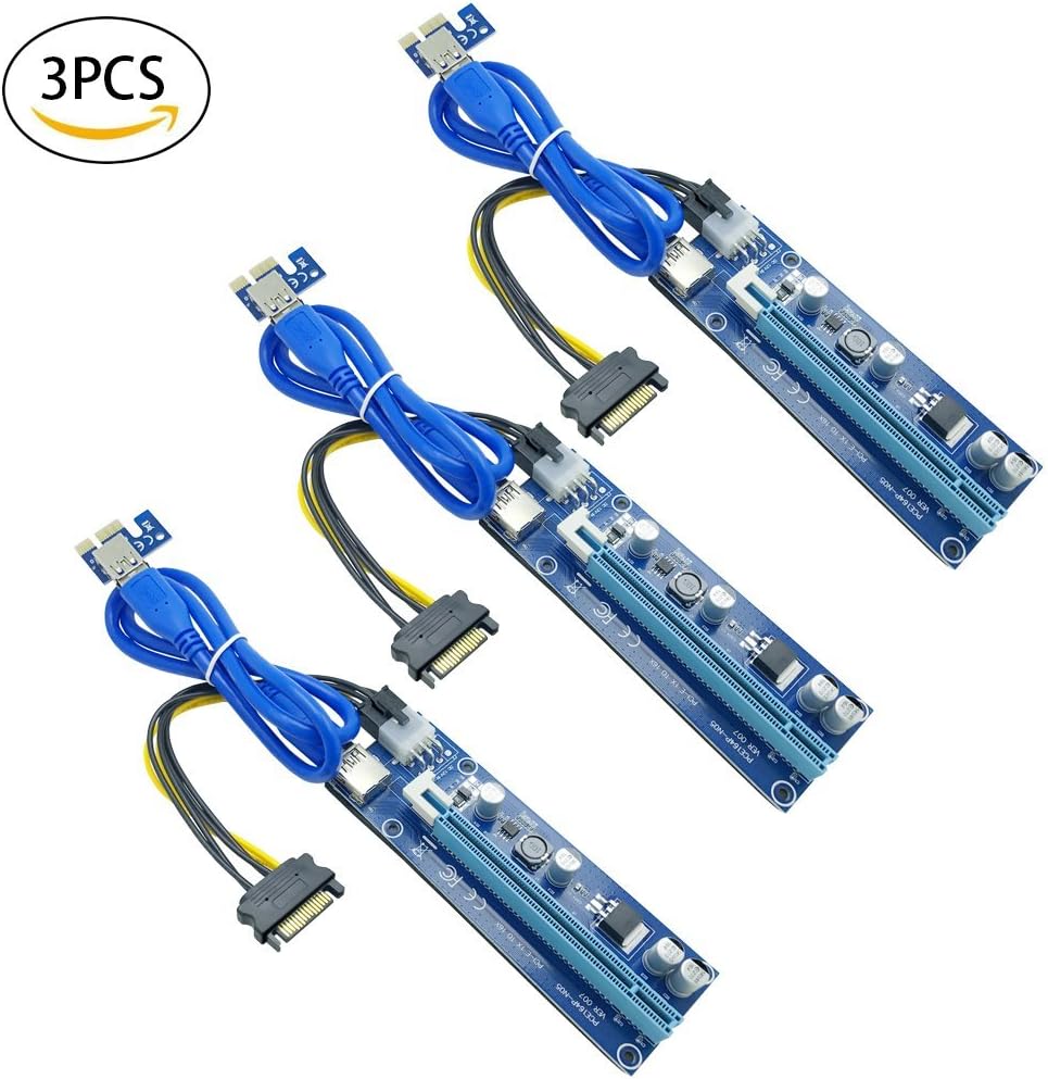 3 Pack PCI-E 16x to 1x Mining Dedicated Riser Adapter Card + USB 3.0 Extension Cable, 60cm + 6-Pin PCI-E to 15-Pin SATA Power Cable, 20cm