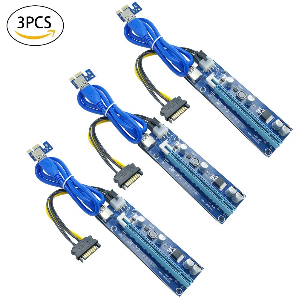 3 Pack PCI-E 16x to 1x Mining Dedicated Riser Adapter Card + USB 3.0 Extension Cable, 60cm + 6-Pin PCI-E to 15-Pin SATA Power Cable, 20cm
