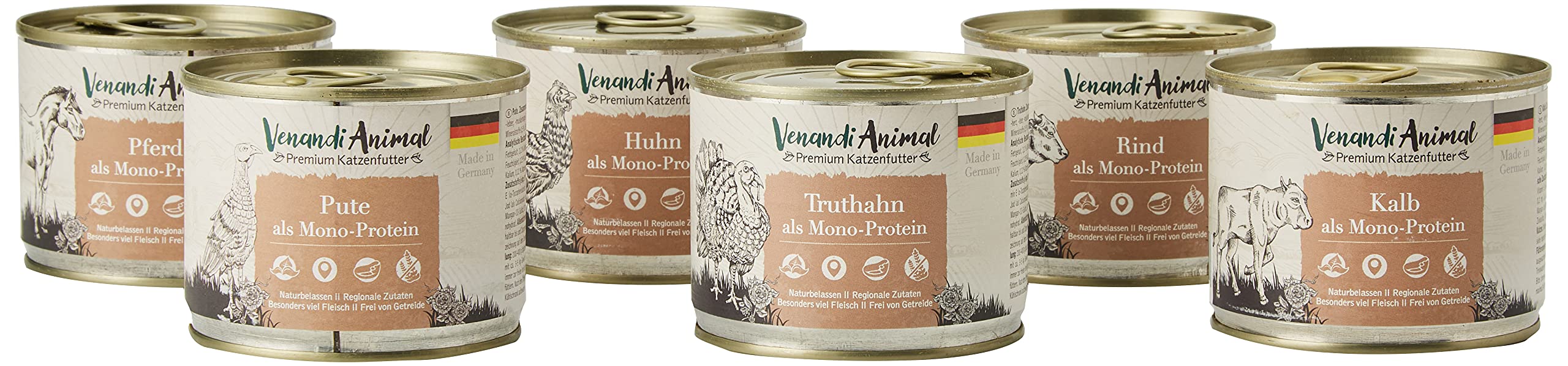 Venandi Animal Premium Trockenfutter für Katzen, Probierpaket 1, 6 x 0.3 kg, 1.8 kg & Premium Nassfutter für Katzen, Probierpaket III, 6 x 200 g, 1.2 kg