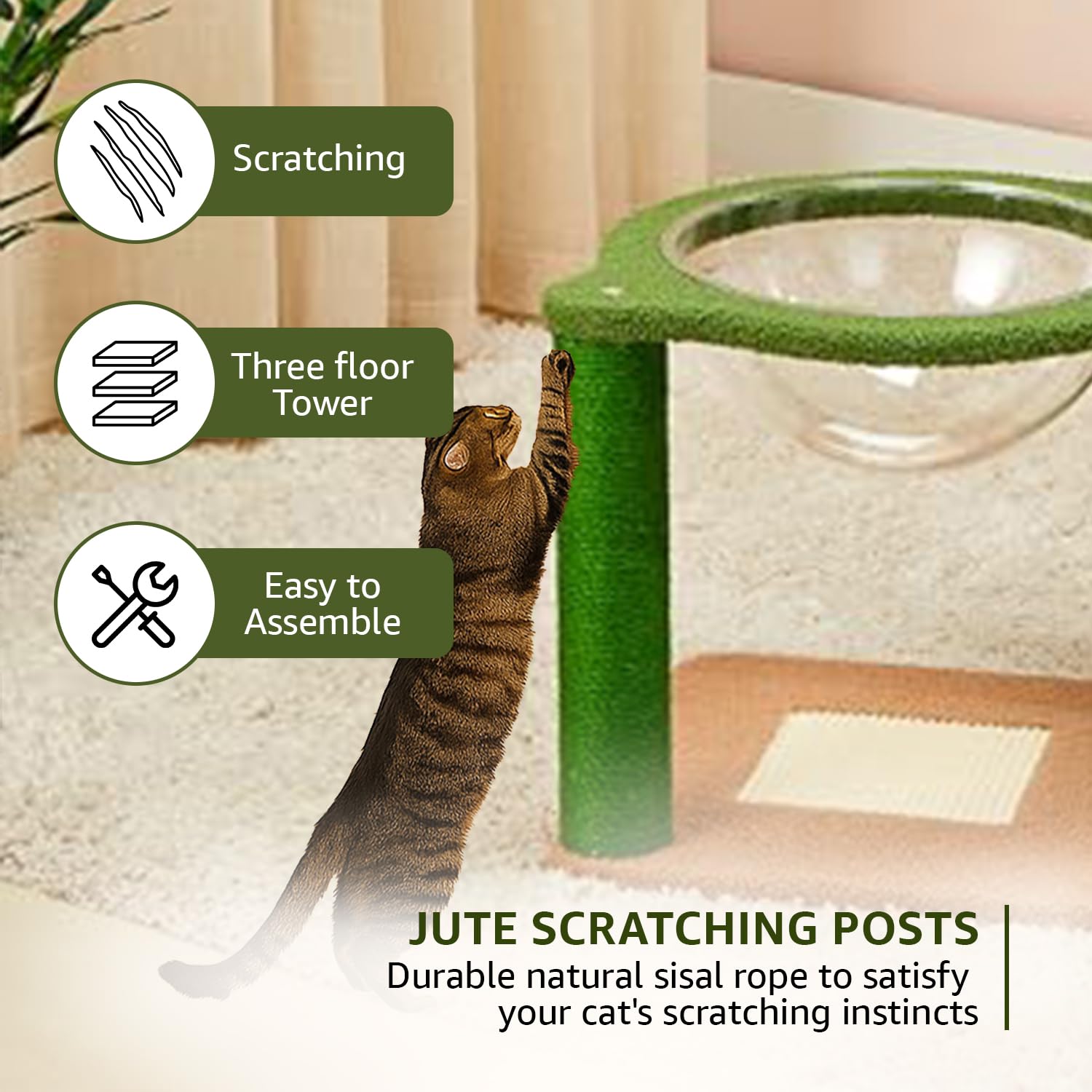 Amazon Basics Premium Imported Cactus Theme Cat Tree | 35-Inch | Large | Transparent Space Capsule | Scratching Posts for Adult Cats 1