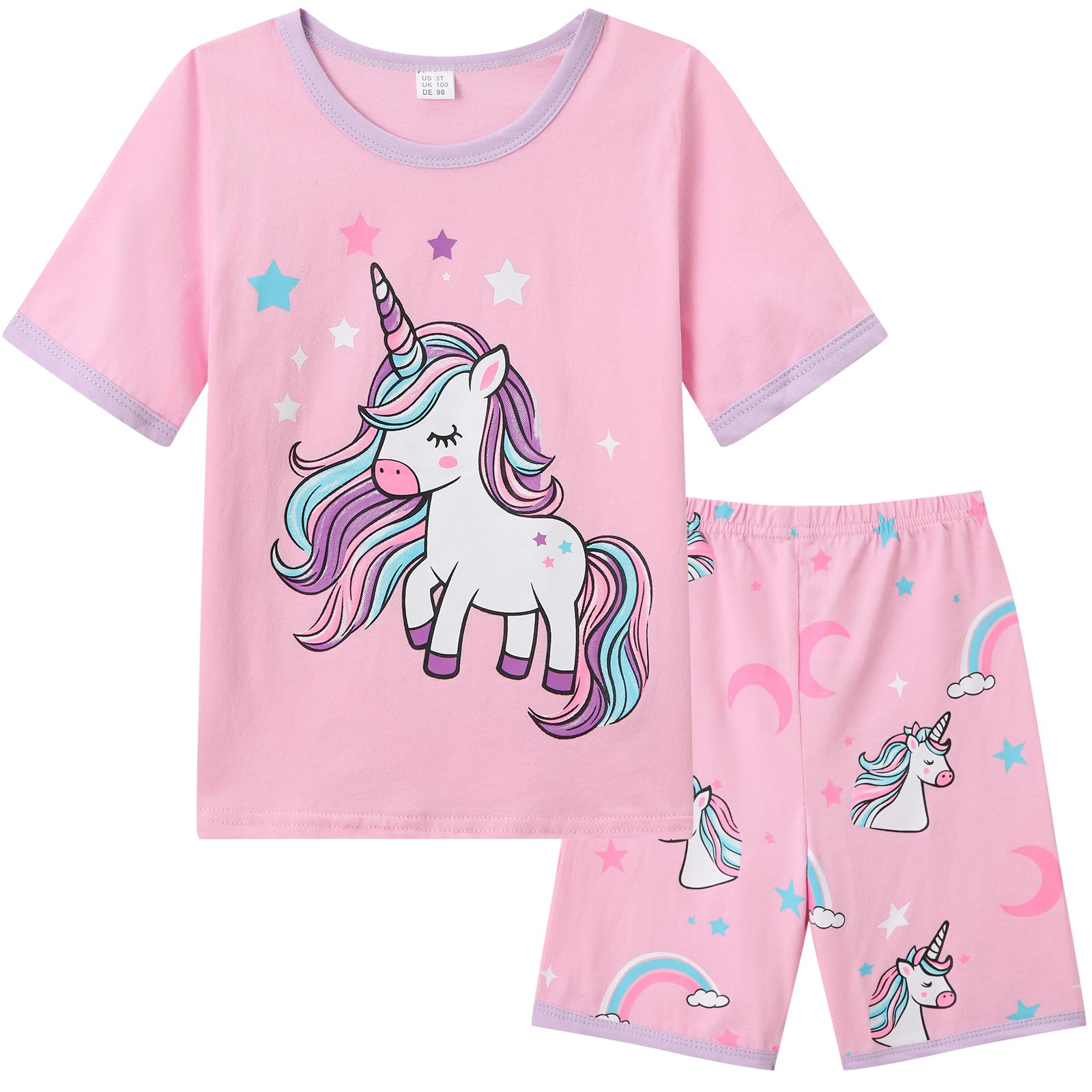 Dinopjs Mädchen Kurzarm Schlafanzug Lounge Einhorn Dinosaurier Giraffe Pyjama Set T-Shirts mit Shorts Girls Home Wear Bekleidung Bequeme und Atmungsaktive Familienkleidung für 2-12Y Kinder