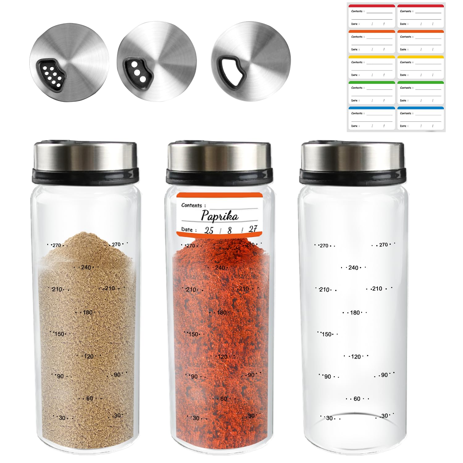 3er 300ml Gewürzgläser aus Borosilikatglas, 4 Verstellbaren Ausgabelöchern | mit Etiketten, Verdicktes Glas, Luftdicht, Wiederverwendbare Gewürzstreuer für Küche, Schublade, Gewürzregal, Camping