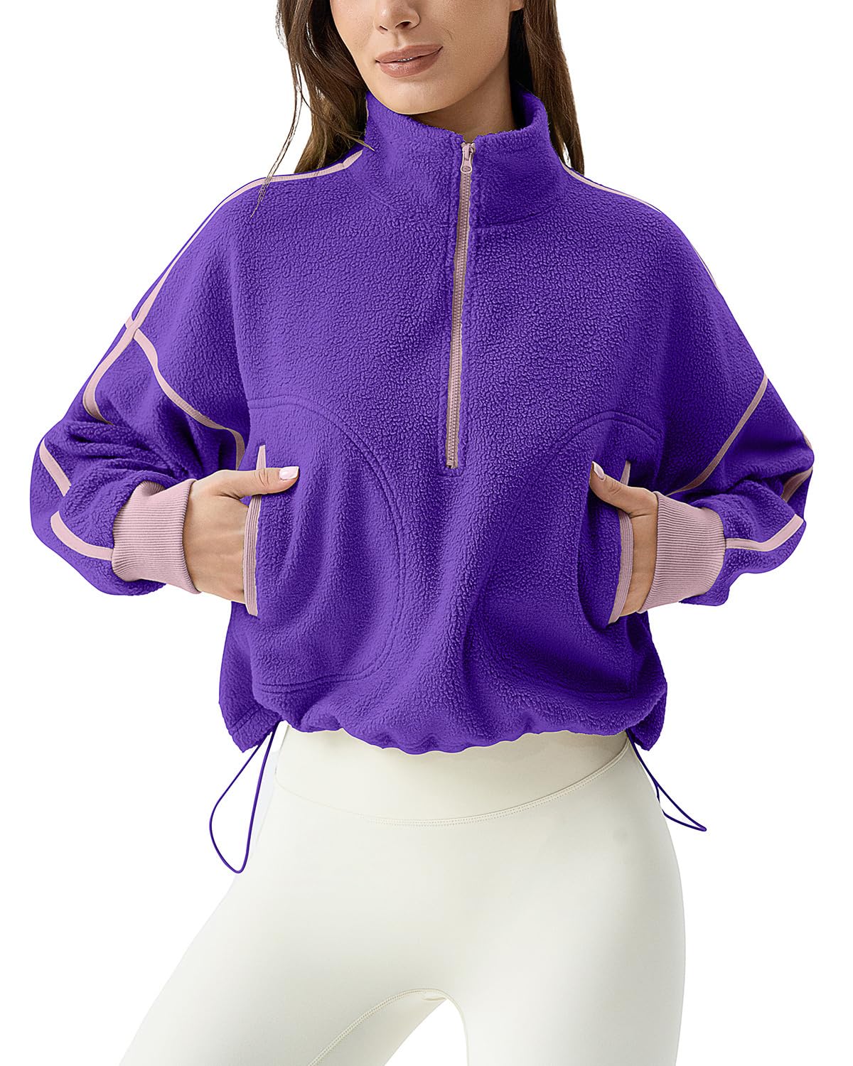 Women's Half Zip Fleece Short Pullover Sweatshirt Winter Long Sleeve Cozy Sherpa Sweater Top