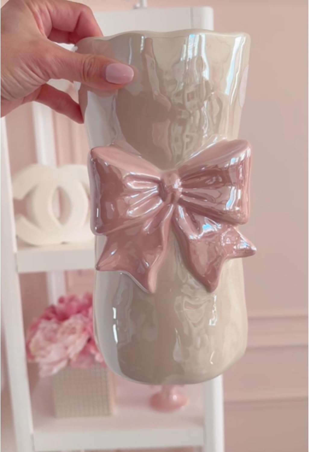 Bow Flower vase, Bow vase for Flowers, Pink Bow Ceramic Vase – Cute Vase with Shiny Glaze, Modern vase Decor (Pink Bow)