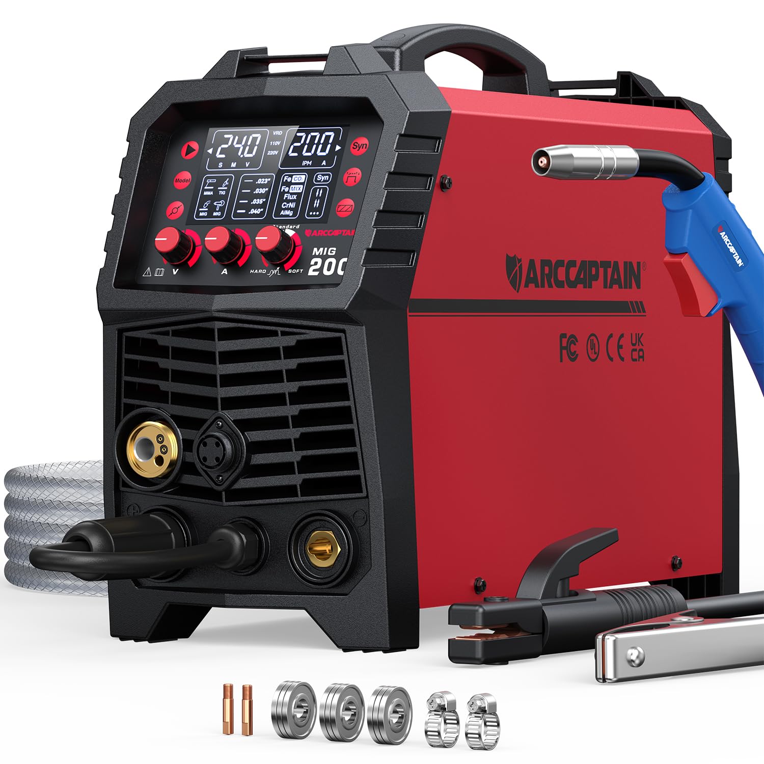 ARCCAPTAIN MIG MAG Schweißgerät 200 Ampere, 7 in 1 vollsynergisches Schweißgerät FLUX Fülldraht/MAG/MIG Schutzgas Schweißgerät/MMA/Lift TIG/Unterstützung Spool Gun/Punktschweißen, IGBT Inverter230V