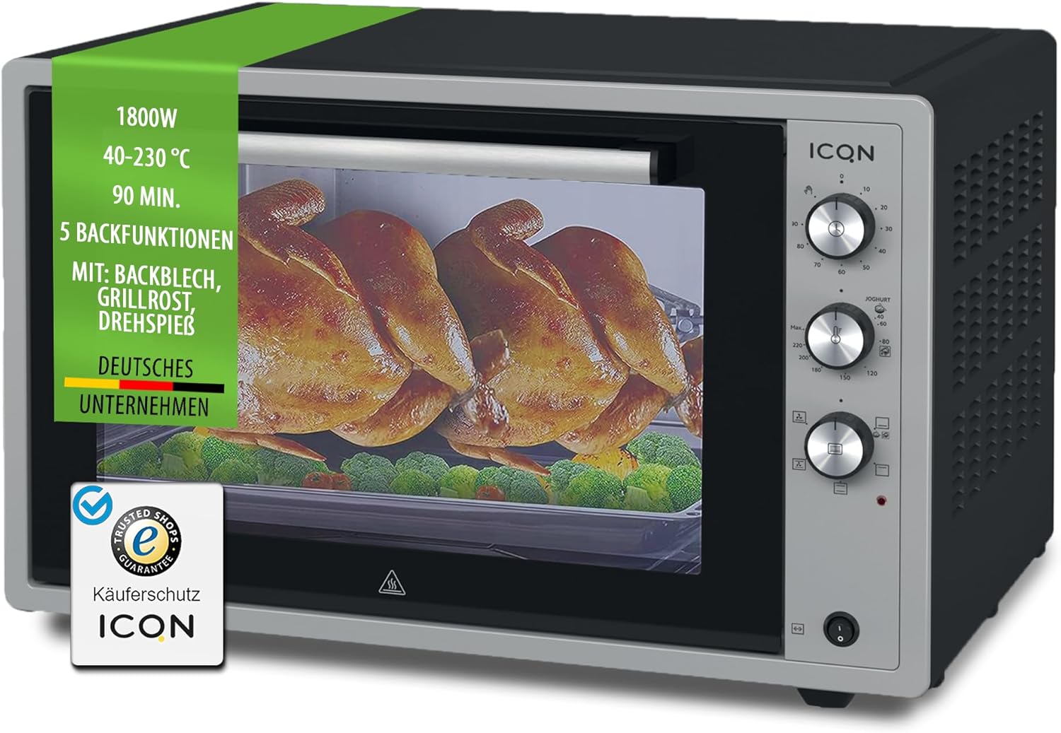 ICQN 60 Litri Mini Forno XXL, Smaltato, Spiedo Girevole, Illuminazione Interna, Ventilato, Forno Per pizza, Doppio Vetro, Funzione Timer, Temperatura da 40° Fino a 230°, 1800 W, Acciaio Inox Grigio