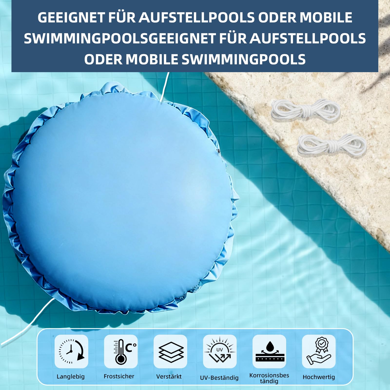 2 Stück runde aufblasbare Pool Winterkissen Ø1.2 m, Luftkissen Pool Winter für Poolabdeckung mit 15m Seil, Zubehör für Winter und schlechtes Wetter
