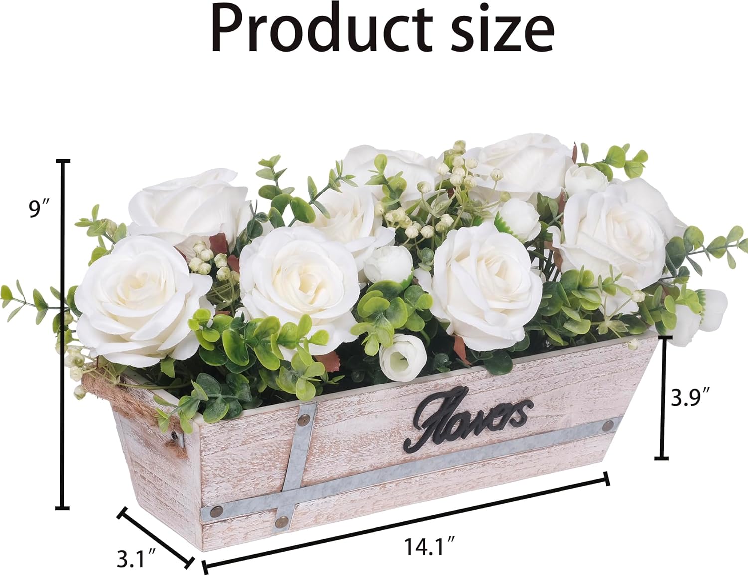 Centerpiece Table Decorations Rustic Wood Tray with 3 Artificial White Rose Flowers and Fake Eucalyptus for Dining Room Farmhouse Living Room Kitchen and Coffee Table Décor - Image 5