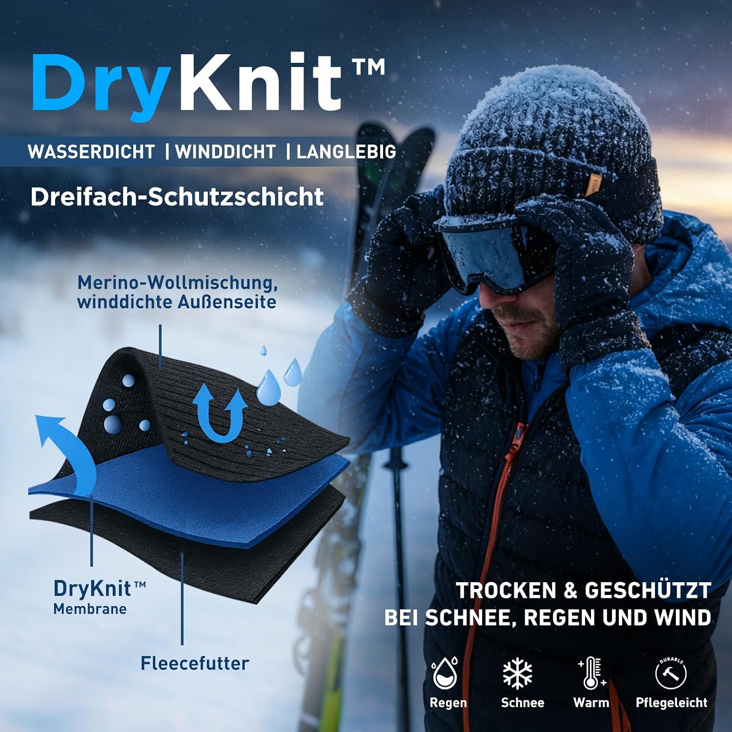 TOP-EX DryKnit Waterproof L/XL/XXL Winter Knitted Hat Men Women Fleece Lined Thermal Warm Watch Cap Skull Cap Cold Weather image 2