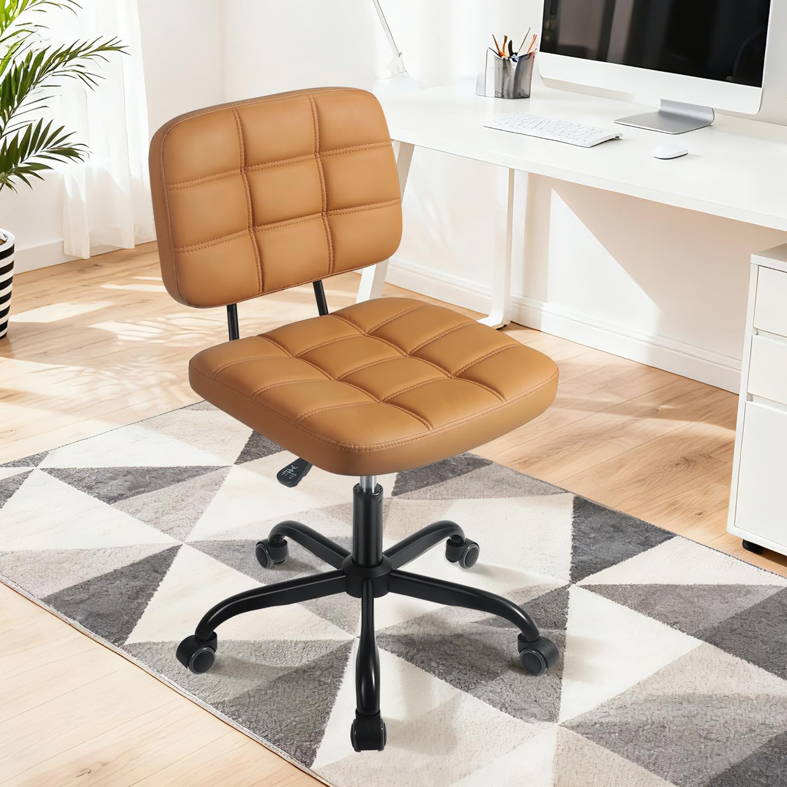 Armless Home Office Desk Chair - Small Swivel Office Desk Chairs with Rolling Wheels - Height Adjustable PU Leather Computer Chair with Comfy Low Back