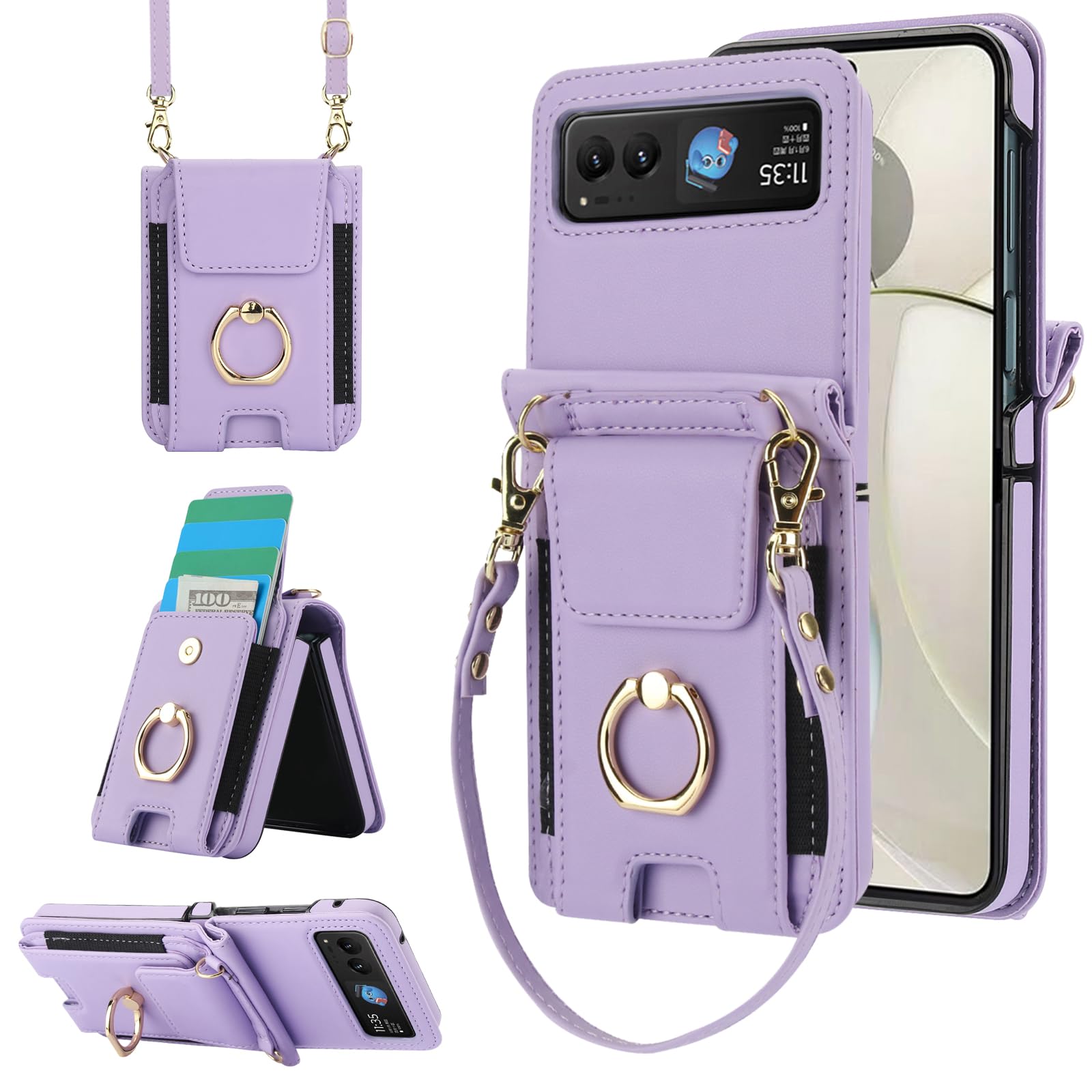 Phone Case for Motorola Razr 40/Moto Razr 2023 Wallet Cover With Ring and Crossbody Wrist Strap Lanyard Credit Card Holder Slot Stand XT2323-6 Razor