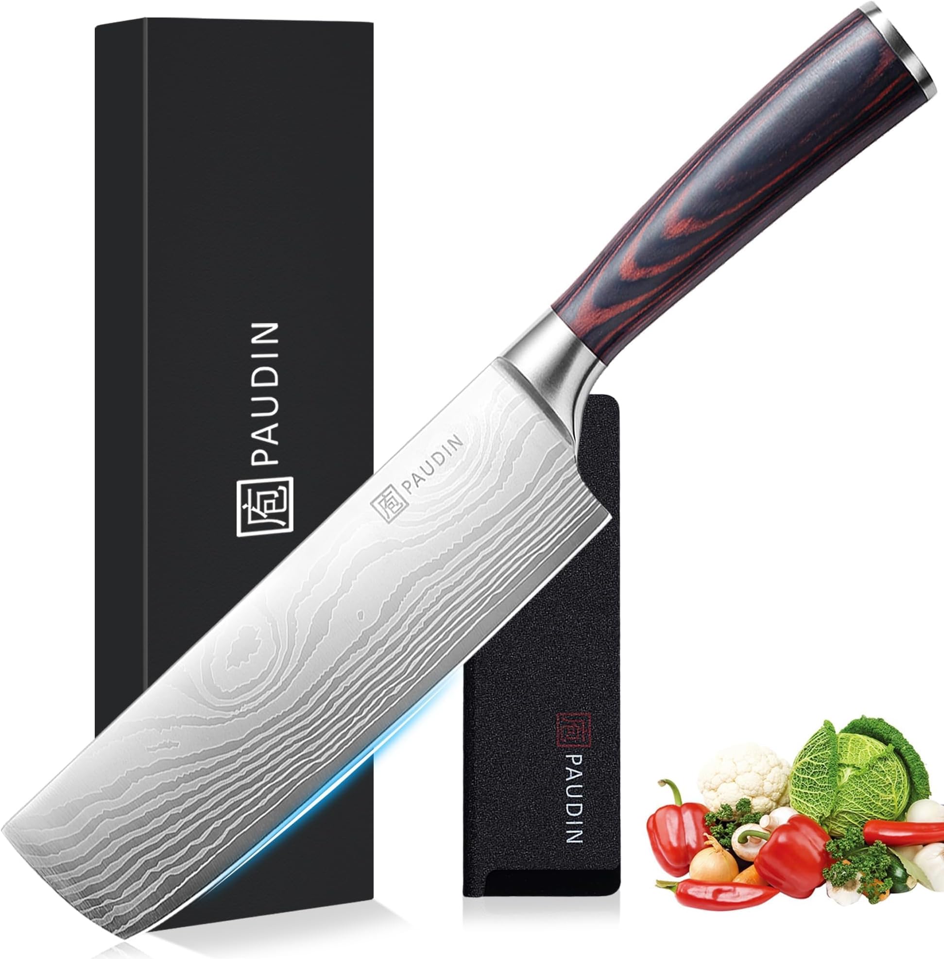 Nakiri Knife, 7 Inch Japanese High Carbon Stainless Steel Meat Vegetable Kitchen Knife, Multipurpose Ultra Sharp Chef Knife with Ergonomic Handle