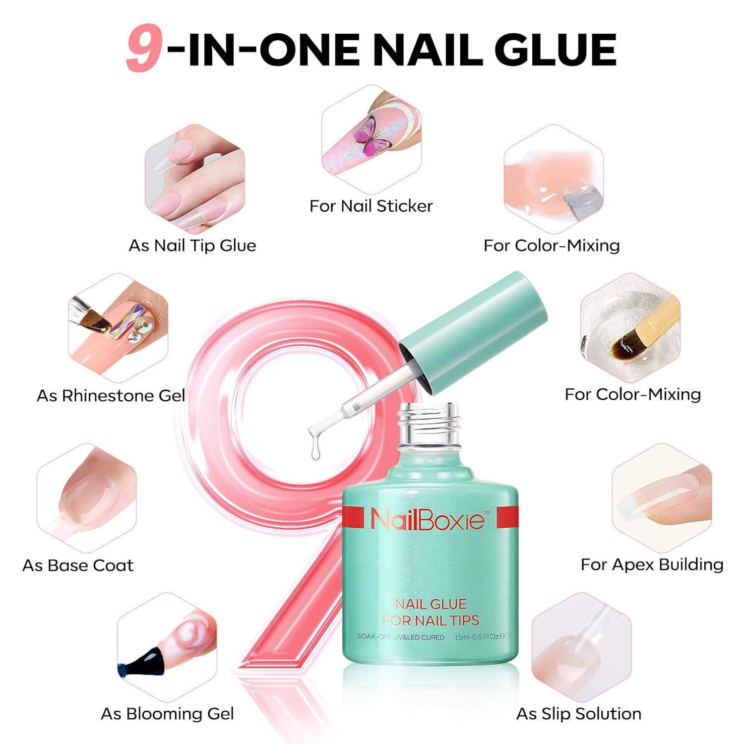 Modelones Gel Nail Kit, Top Coat Nail Glue for Nail Tips Builder Nail Gel 160 PCS Short Brown Square French Tip Press on Nails with LED Light for Easy DIY Nail Art Kit