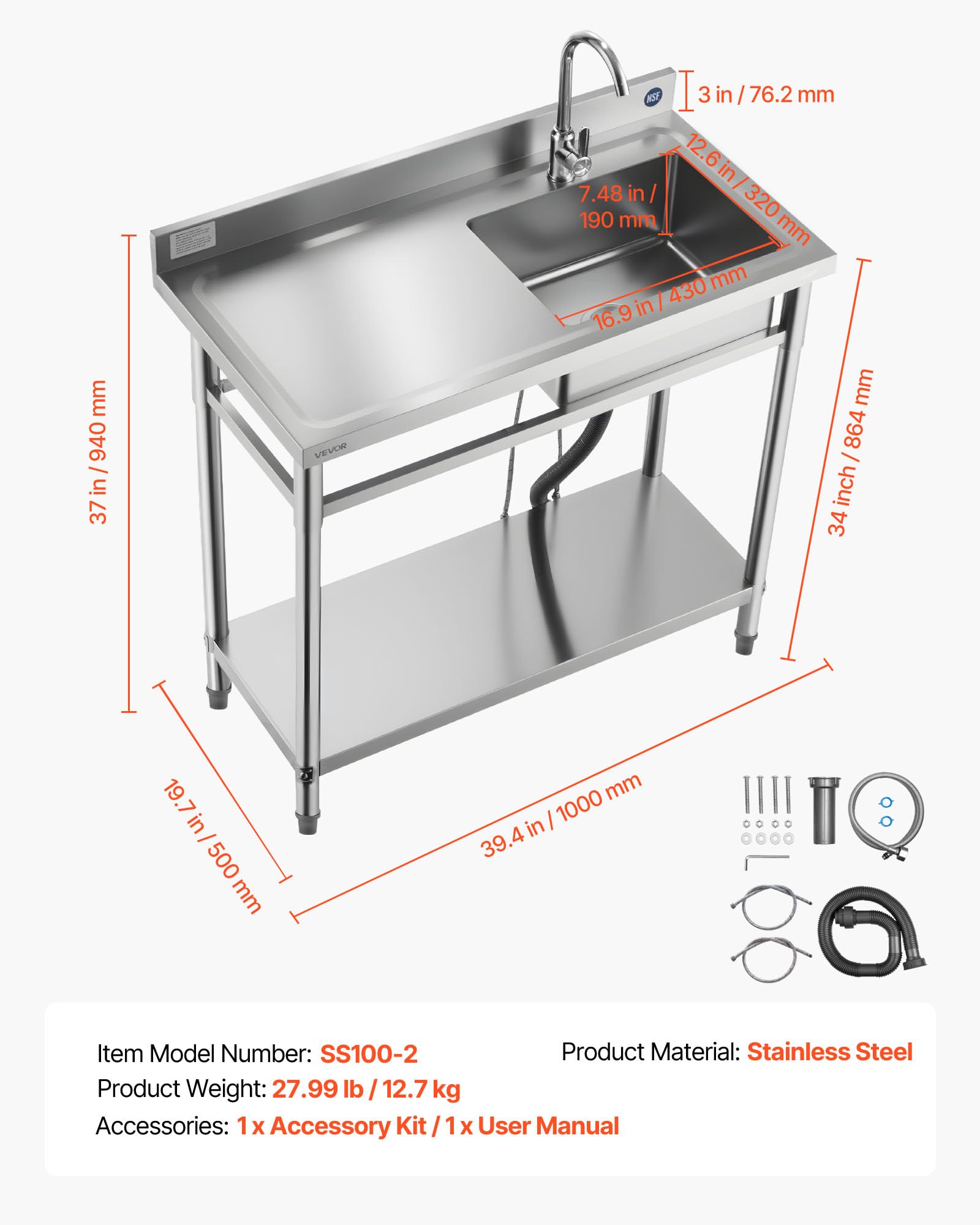 VEVOR Lavello in Acciaio Inox 100 x 50 x 94 cm, Vasca Singola con Rubinetto e Ripiano, Lavello da Cucina per Garage, Ristorante, Lavanderia, Lavabo da Esterno con Piano di Lavoro Sinistra