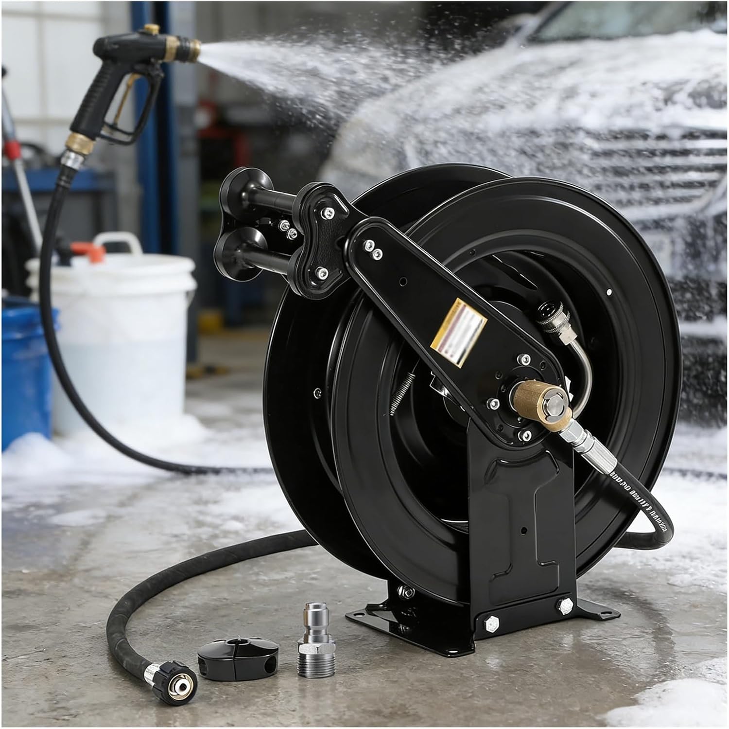 High Pressure Washer Hose Reel,3/8" X 50 FT Steel Dual Arm Auto-Retractable Power Wash Hose Reel,Heavy Duty Hose Reel
