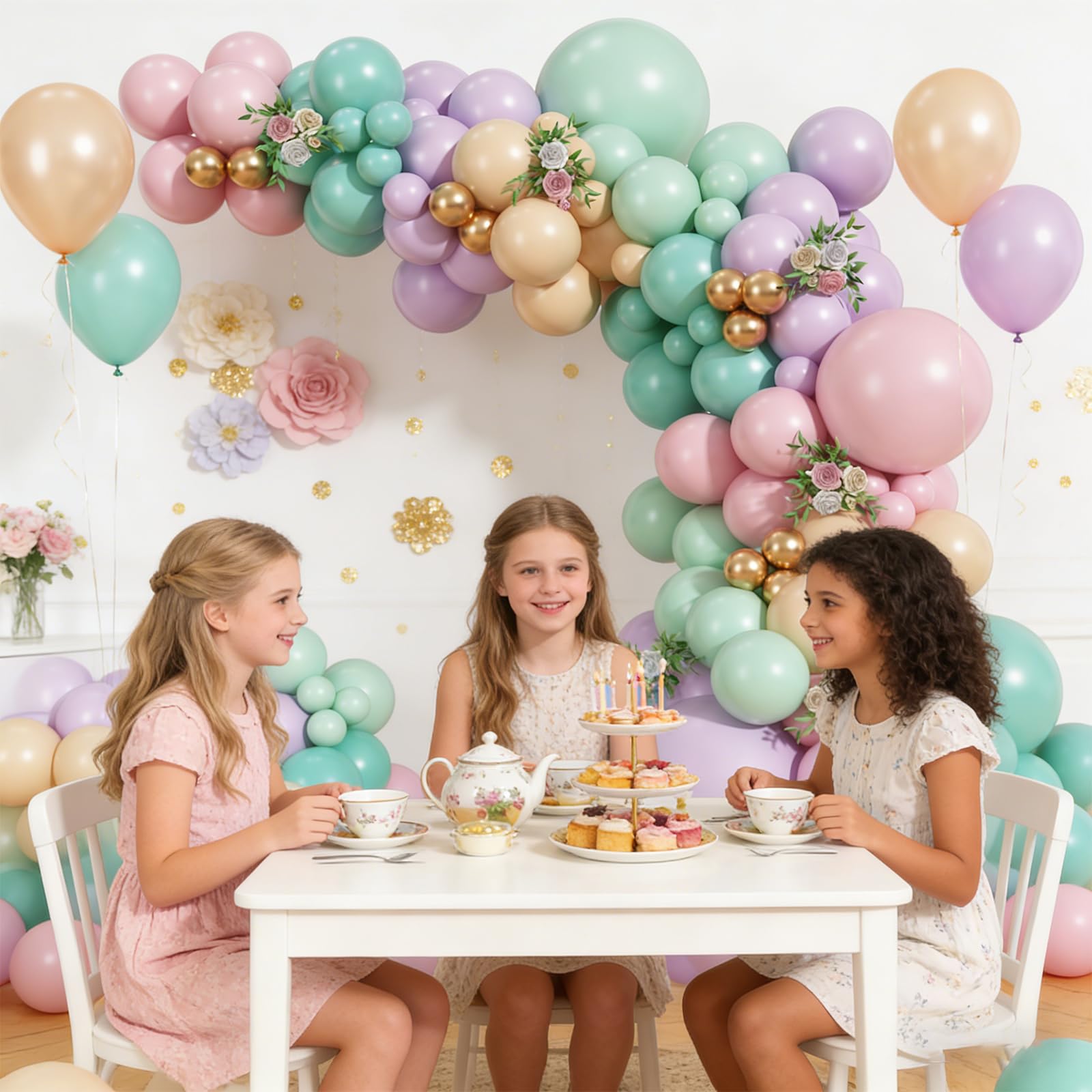 Zestaw girlandy z łukiem balonowym, pastelowa, zielona, różowa i fioletowa, 164 szt., dekoracje na imprezę herbacianą dla dziewcząt, bajki, urodziny, wieczór panieński, baby shower, wiosna, ogród