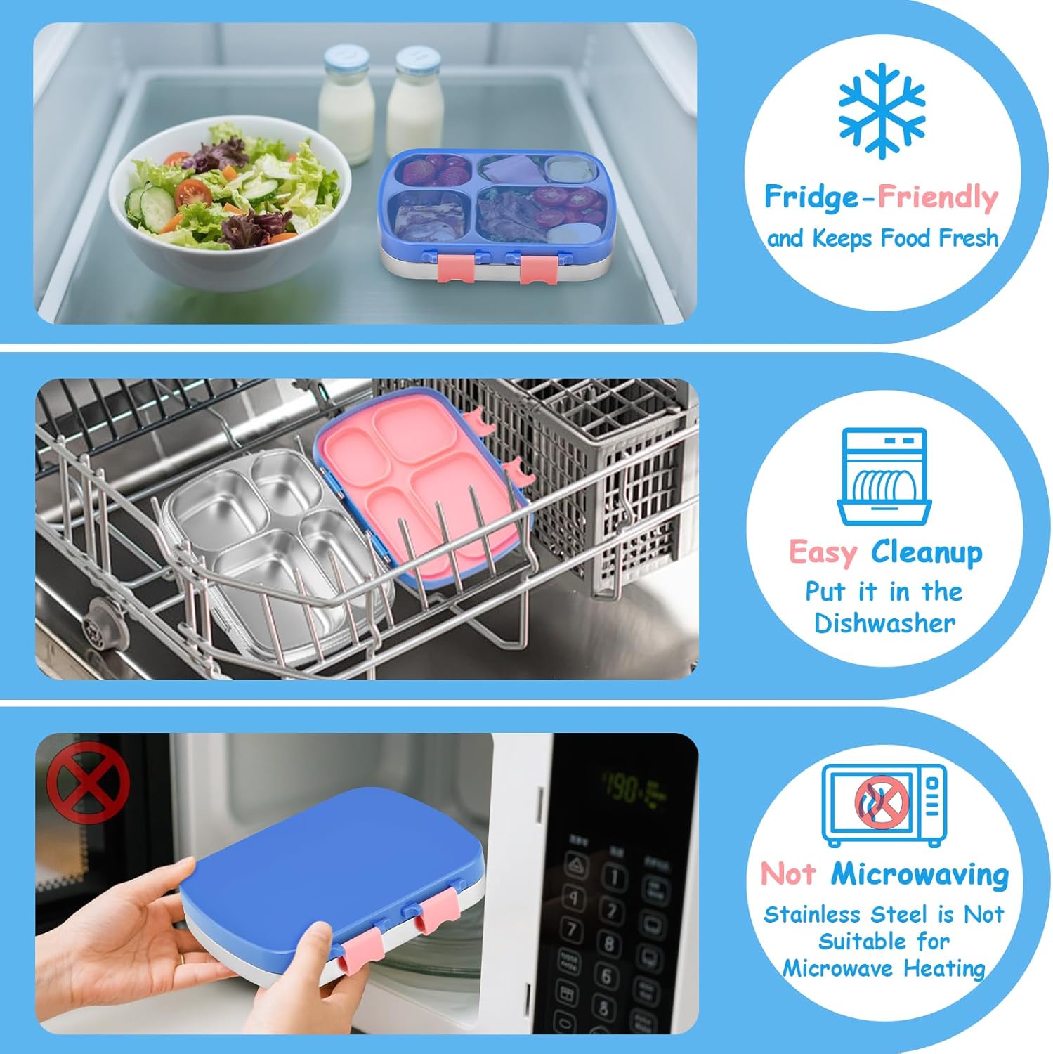 MISS BIG Stainless Steel Lunch Box for Kids 4 Compartments, Comes with Spoon, Fork and Sauce Container with Lid, Leak Proof Bento Box, BPA-Free, Drop-Resistant, for School, Office (Blue Pink Mix)