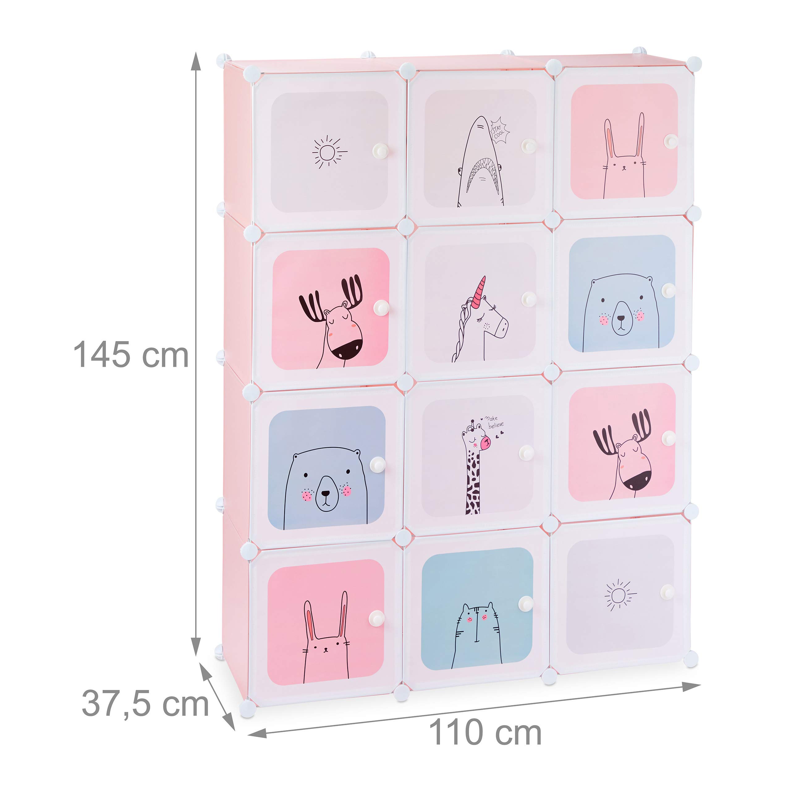 relaxdays Etagère emboîtable Enfants, Fillettes, Motifs ludiques, Plastique, Armoire DIY Portes, HlP 145x110x37,5cm,Rose, PP, ABS, métal, 145 x 110 x 37,5 cm